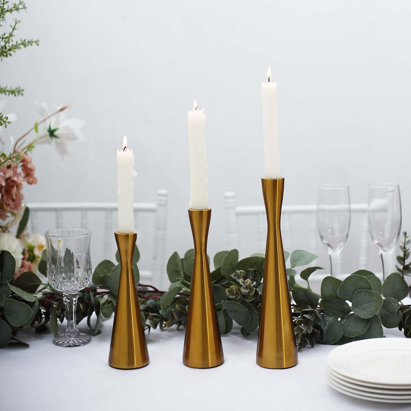 Set of 3 Gold Metal Taper Candle Holders 8", 9", 11" Hourglass Style - Nordic European Design - Image 10