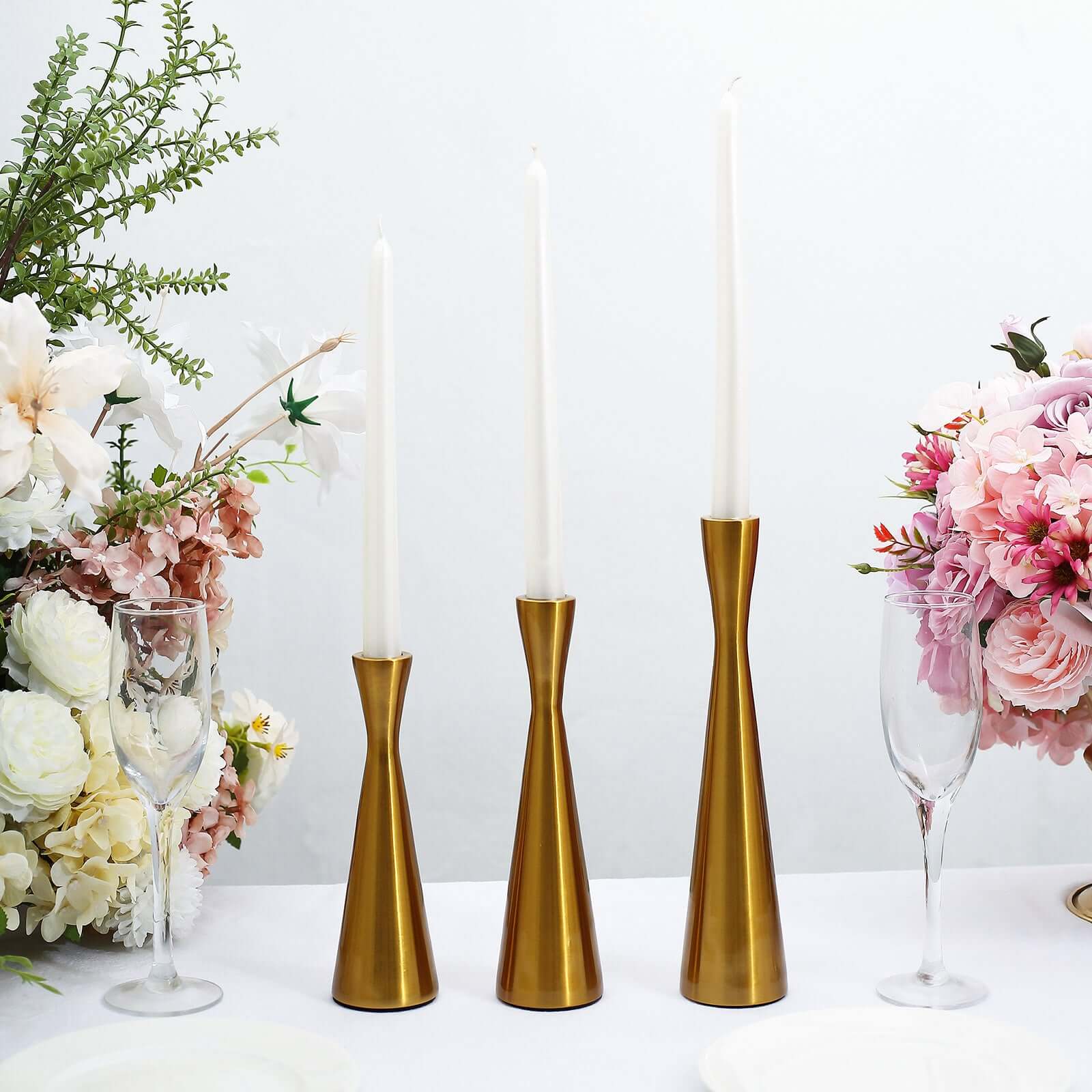 Set of 3 Gold Metal Taper Candle Holders 8", 9", 11" Hourglass Style - Nordic European Design - Image 11