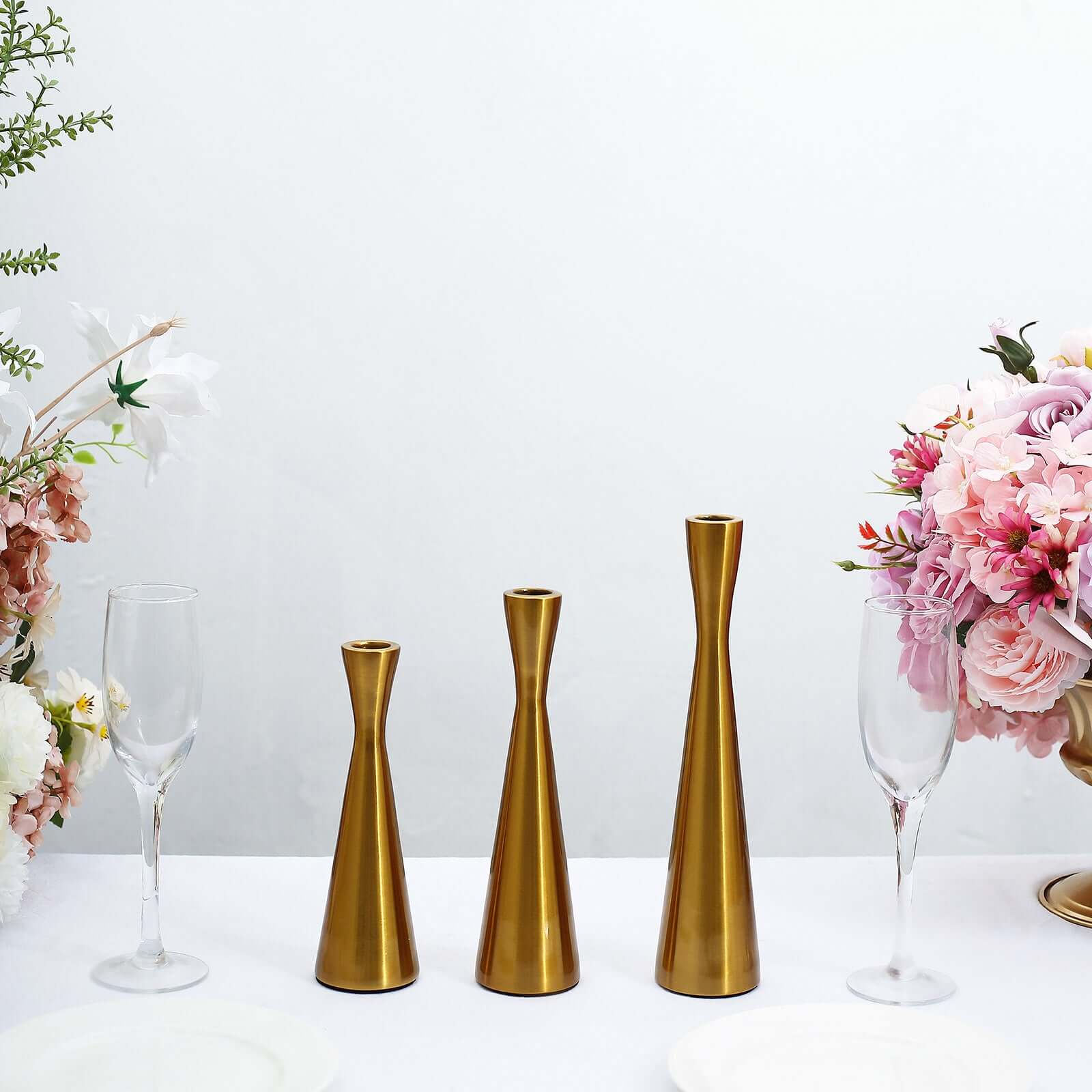 Set of 3 Gold Metal Taper Candle Holders 8", 9", 11" Hourglass Style - Nordic European Design - Image 12