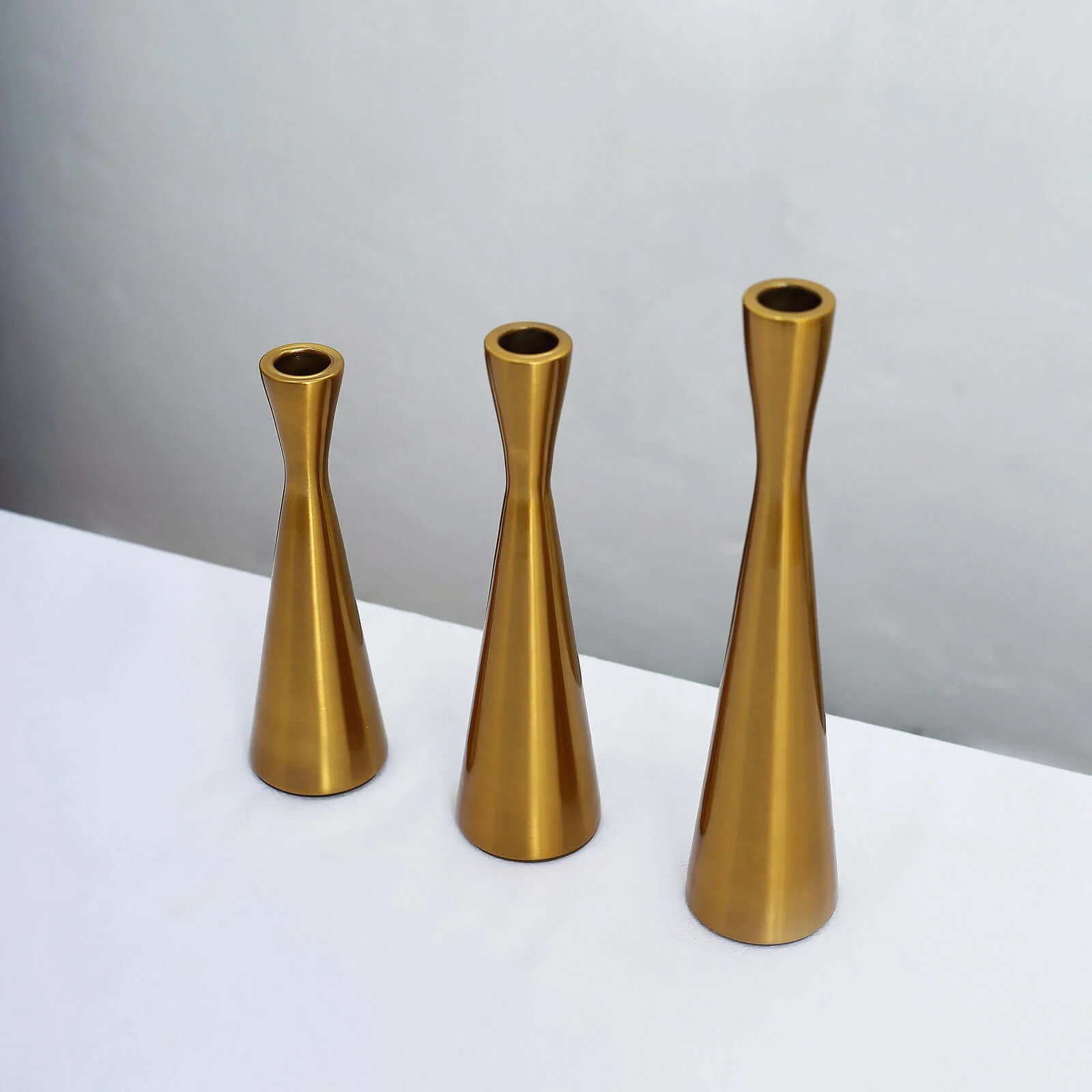 Set of 3 Gold Metal Taper Candle Holders 8", 9", 11" Hourglass Style - Nordic European Design - Image 13