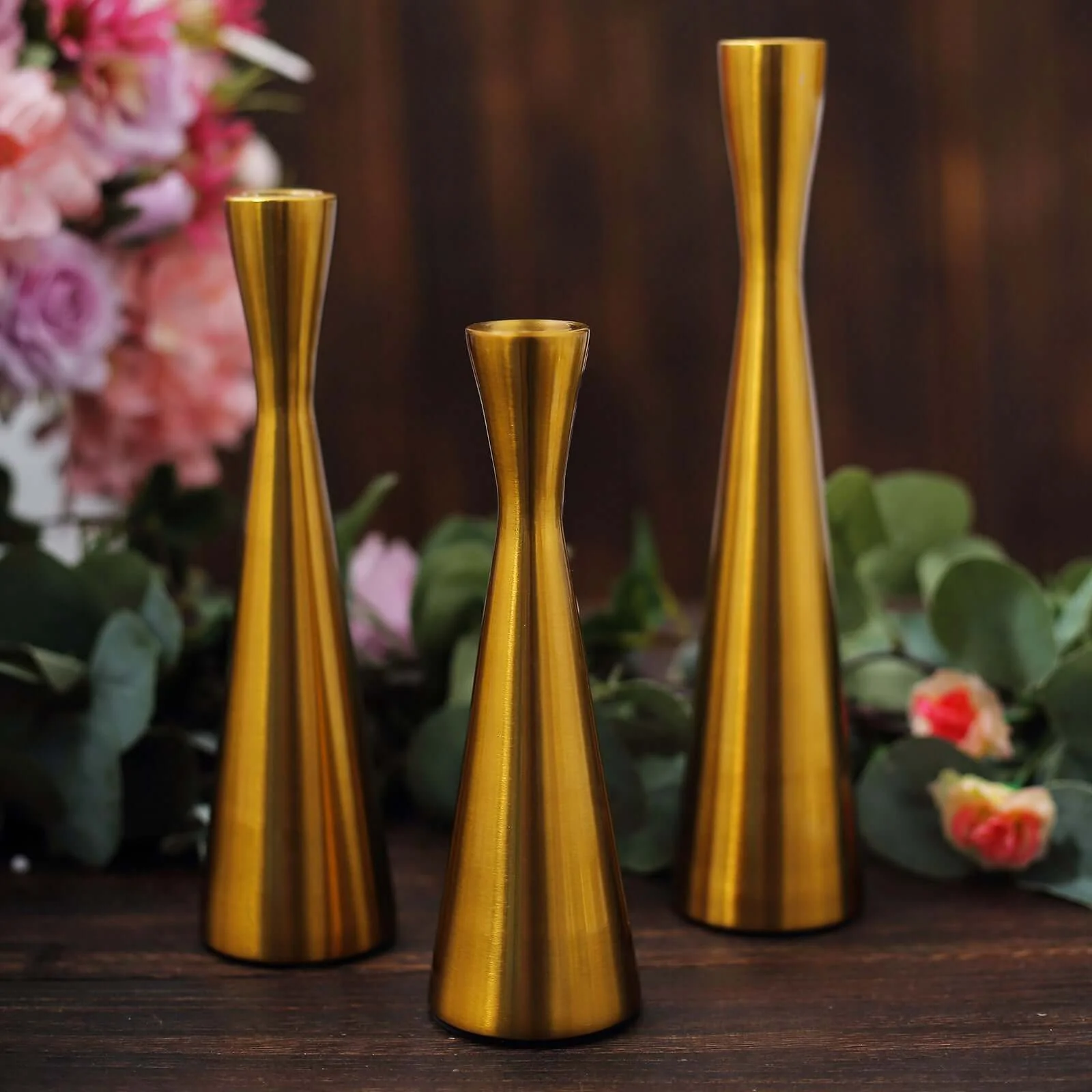 Set of 3 Gold Metal Taper Candle Holders 8", 9", 11" Hourglass Style - Nordic European Design - Image 14