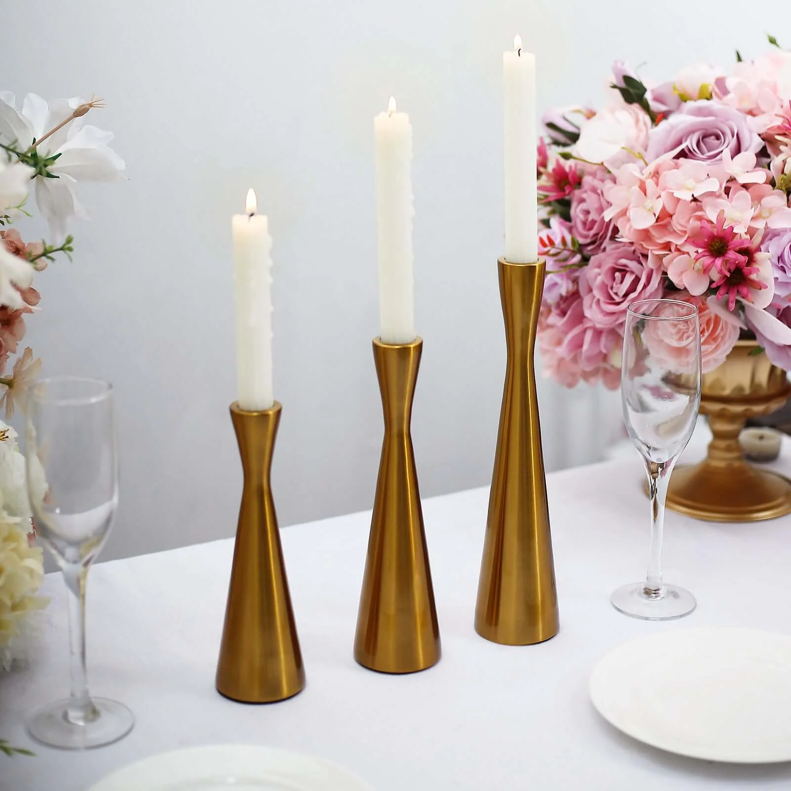 Set of 3 Gold Metal Taper Candle Holders 8", 9", 11" Hourglass Style - Nordic European Design - Image 15