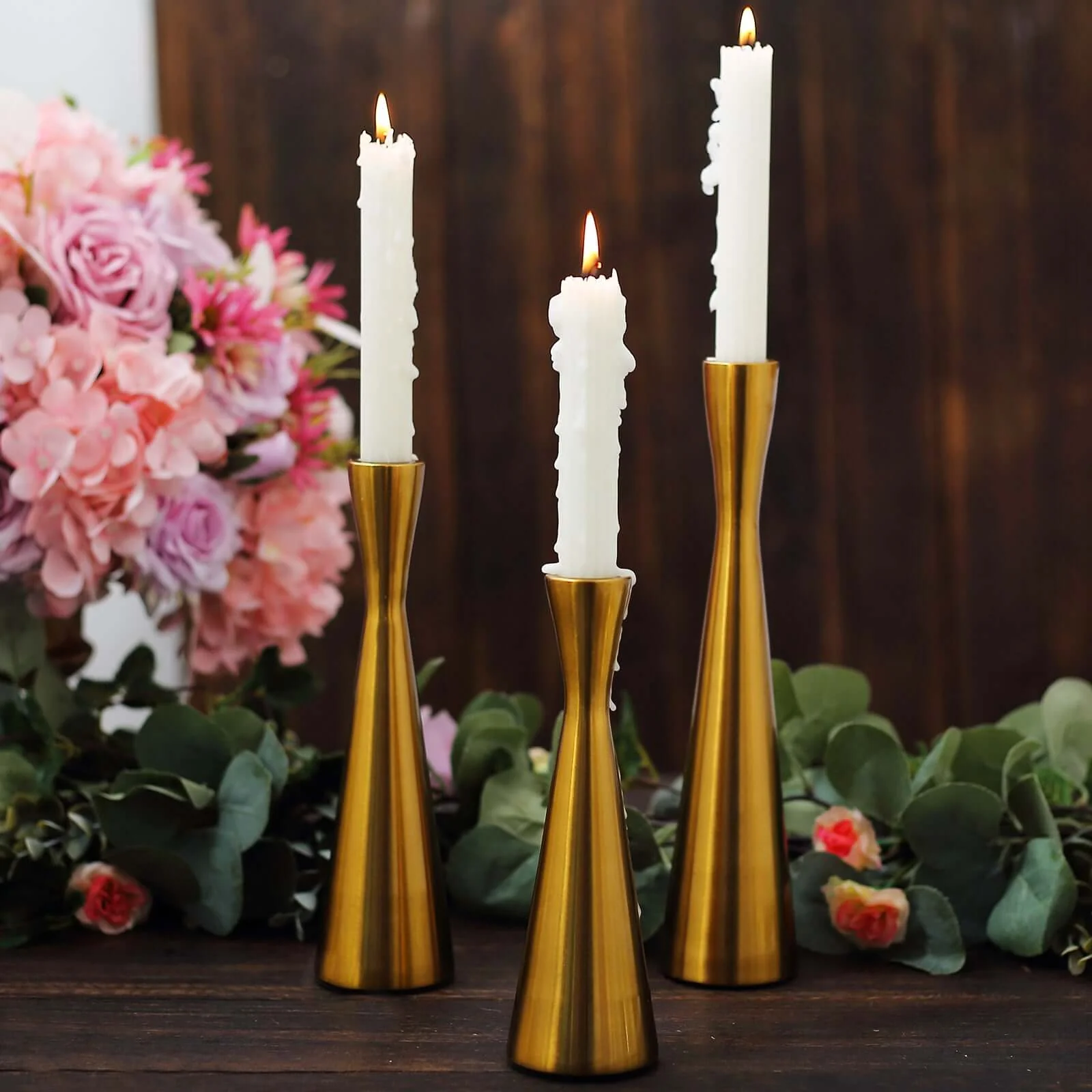 Set of 3 Gold Metal Taper Candle Holders 8", 9", 11" Hourglass Style - Nordic European Design - Image 2