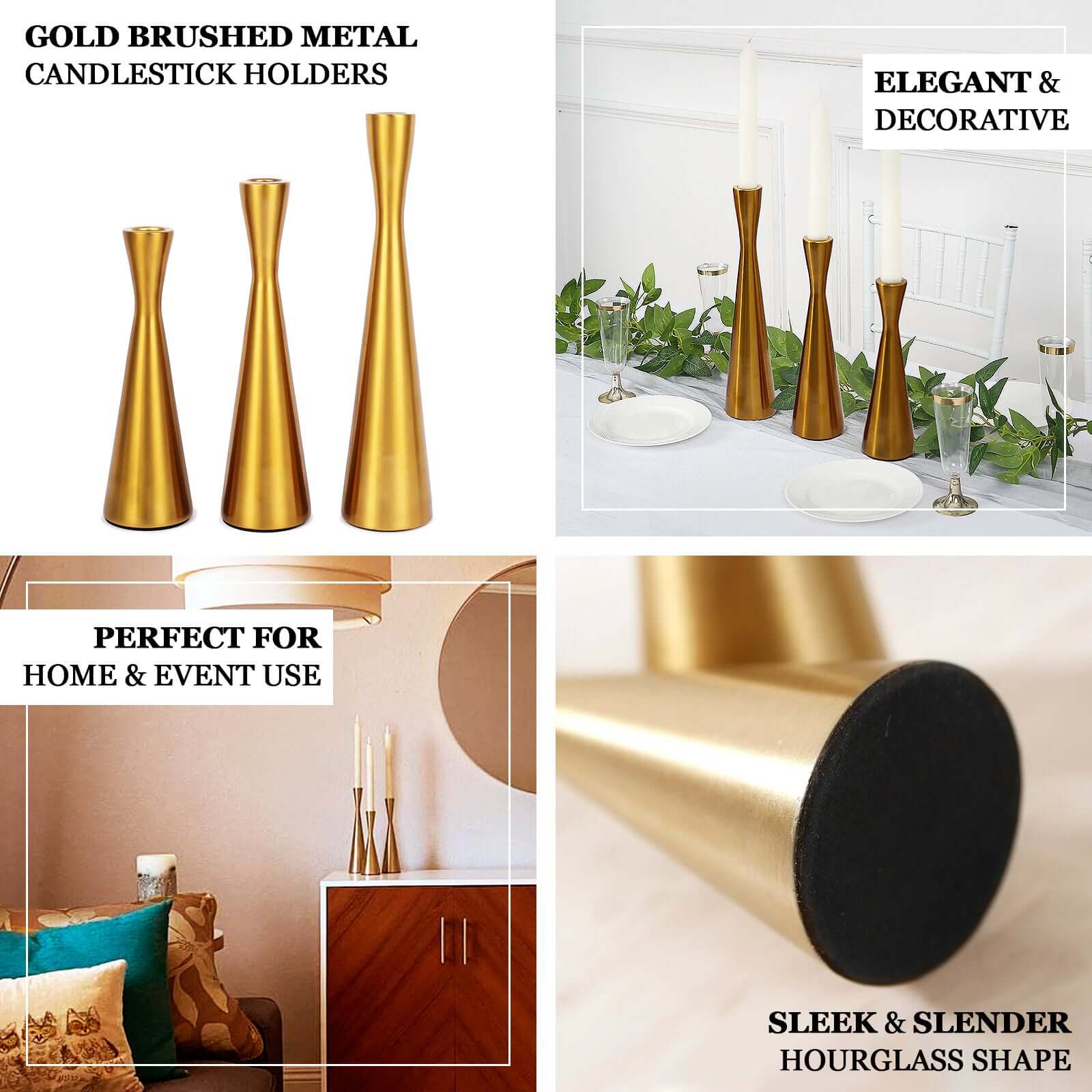 Set of 3 Gold Metal Taper Candle Holders 8", 9", 11" Hourglass Style - Nordic European Design - Image 4