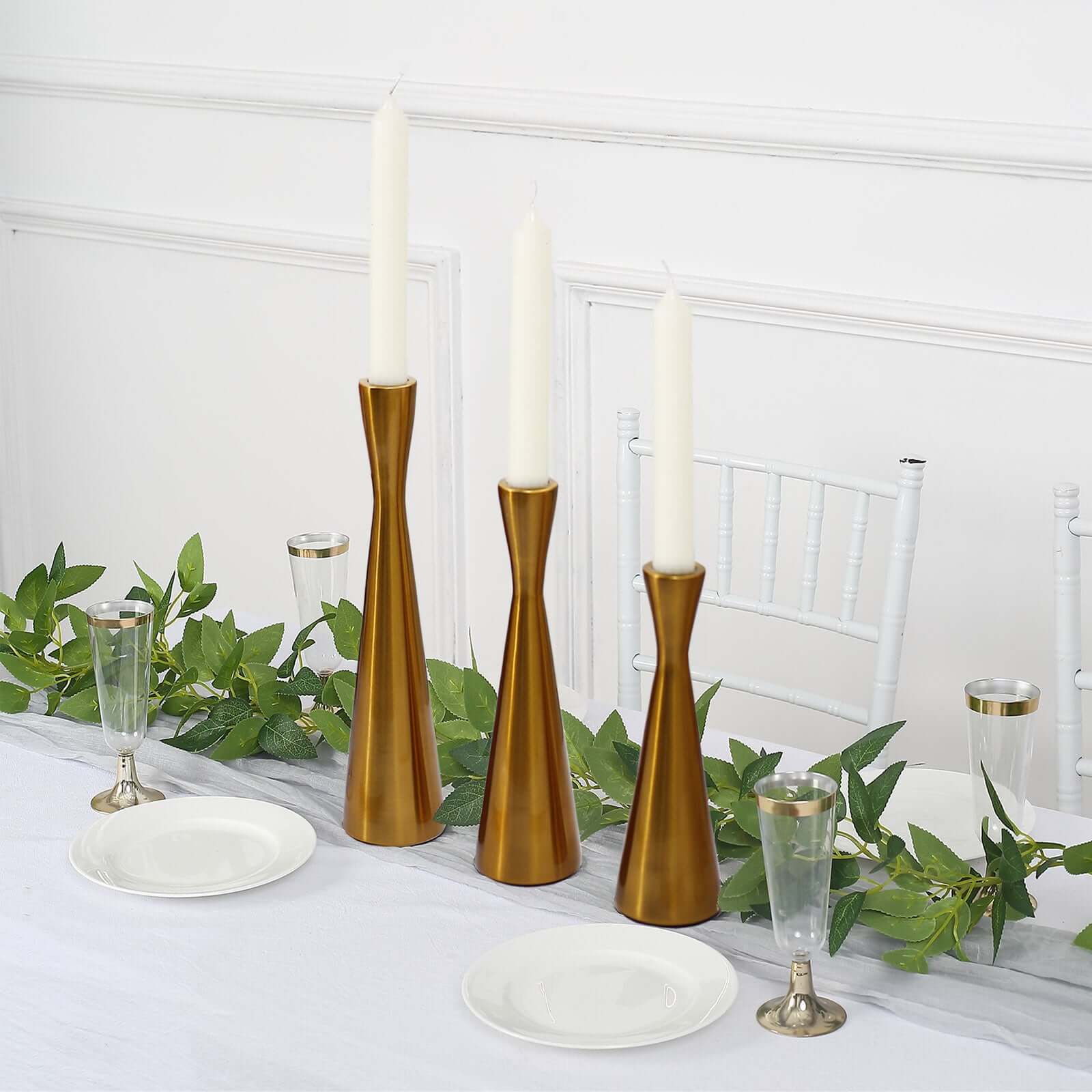 Set of 3 Gold Metal Taper Candle Holders 8", 9", 11" Hourglass Style - Nordic European Design - Image 6