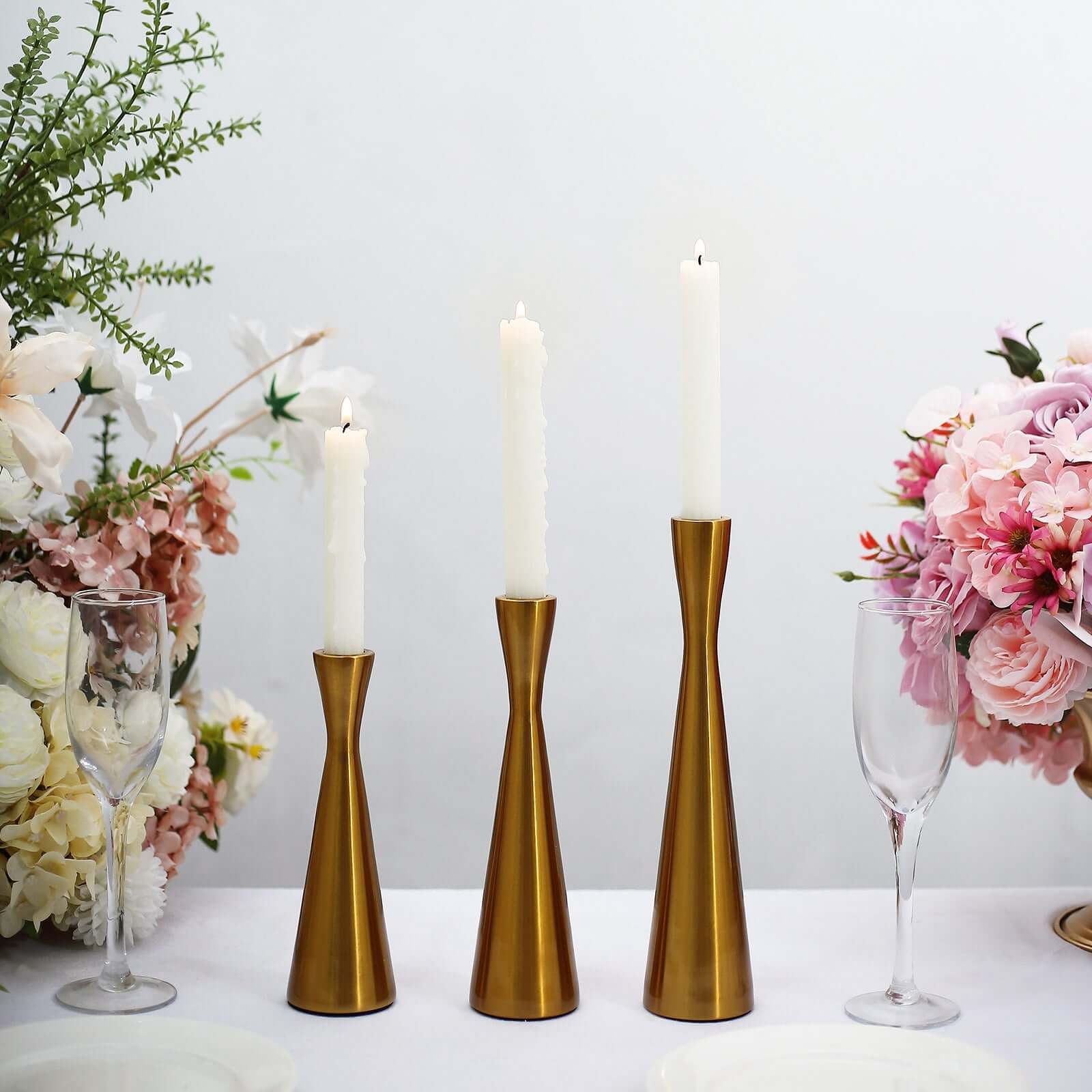 Set of 3 Gold Metal Taper Candle Holders 8", 9", 11" Hourglass Style - Nordic European Design - Image 8