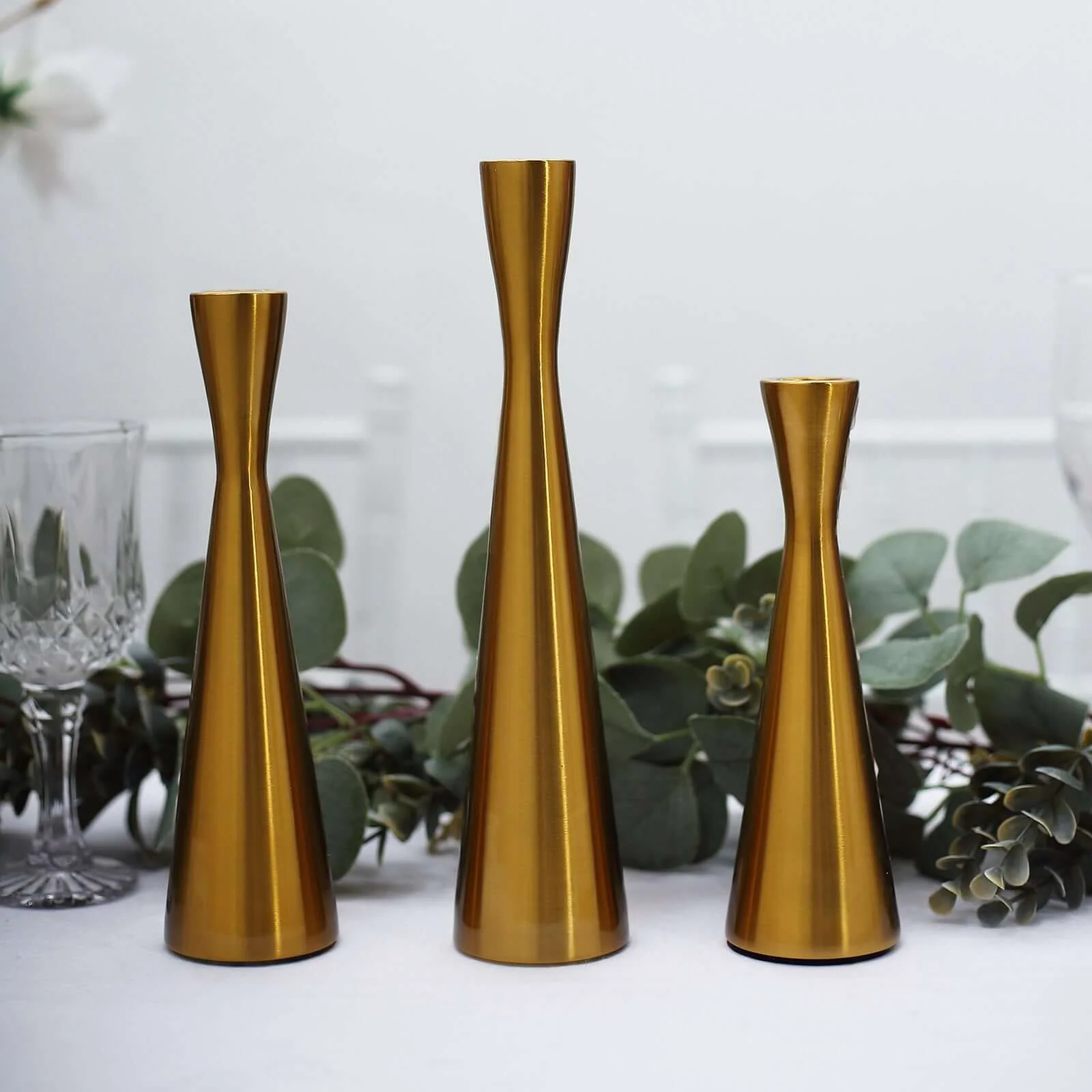 Set of 3 Gold Metal Taper Candle Holders 8", 9", 11" Hourglass Style - Nordic European Design - Image 9