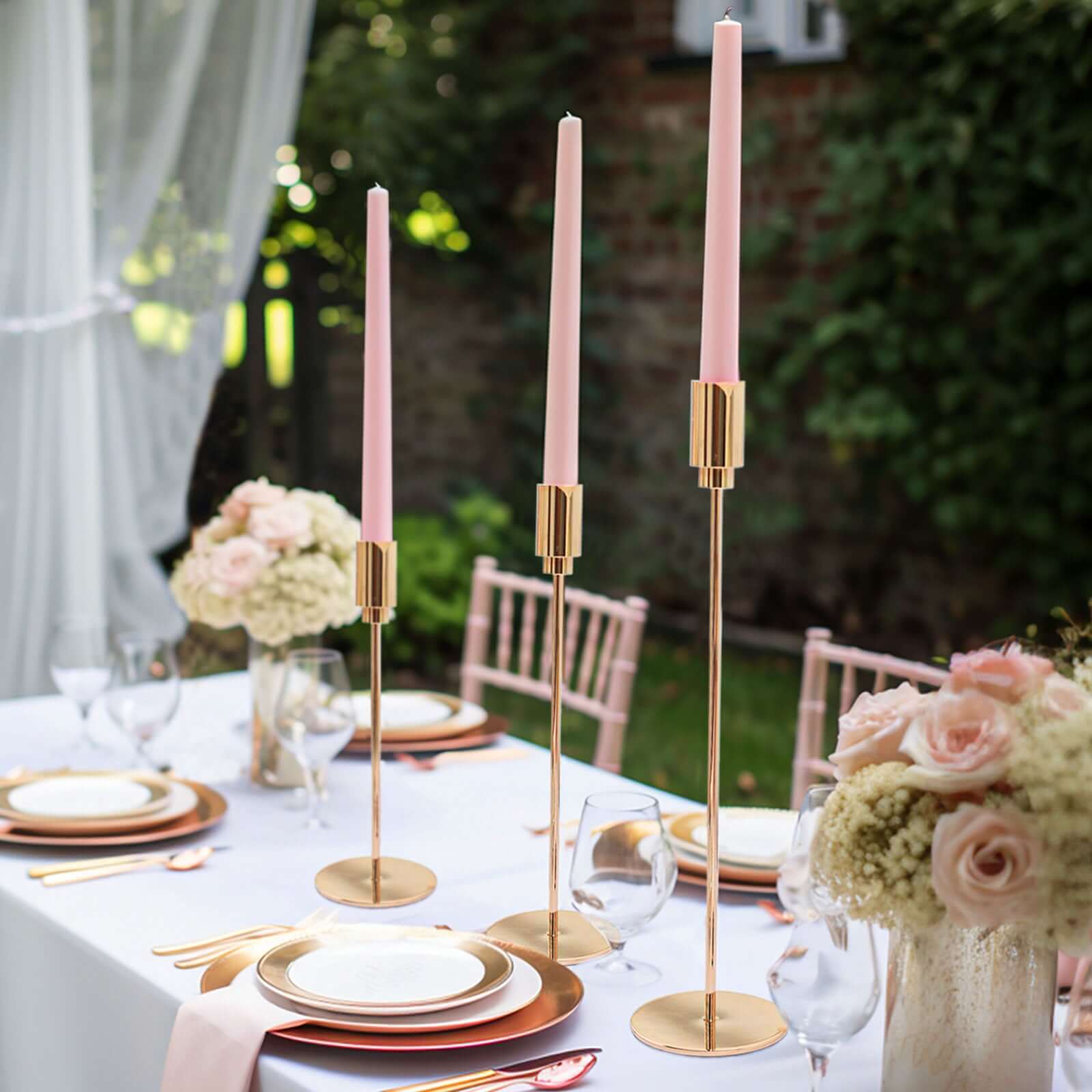 Set of 3 Gold Metal Taper Candle Stands 9", 10", 13" Round Solid Base - Decorative Centerpiece - Image 2