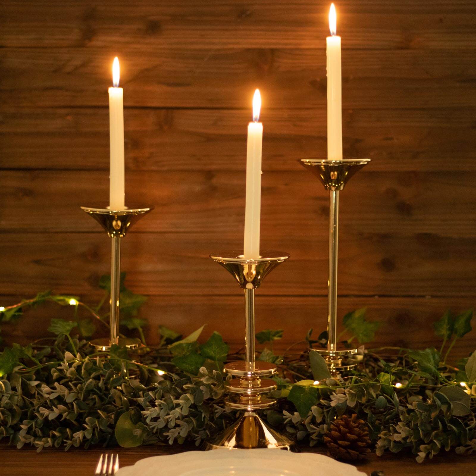 Set of 3 Gold Metal Taper Candlestick Holders 9", 11", 13" 3 Disk Pedestal - Stable Candle Stands - Image 2