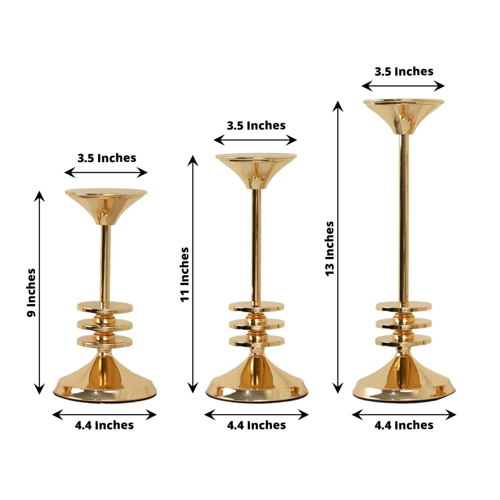 Set of 3 Gold Metal Taper Candlestick Holders 9", 11", 13" 3 Disk Pedestal - Stable Candle Stands - Image 3