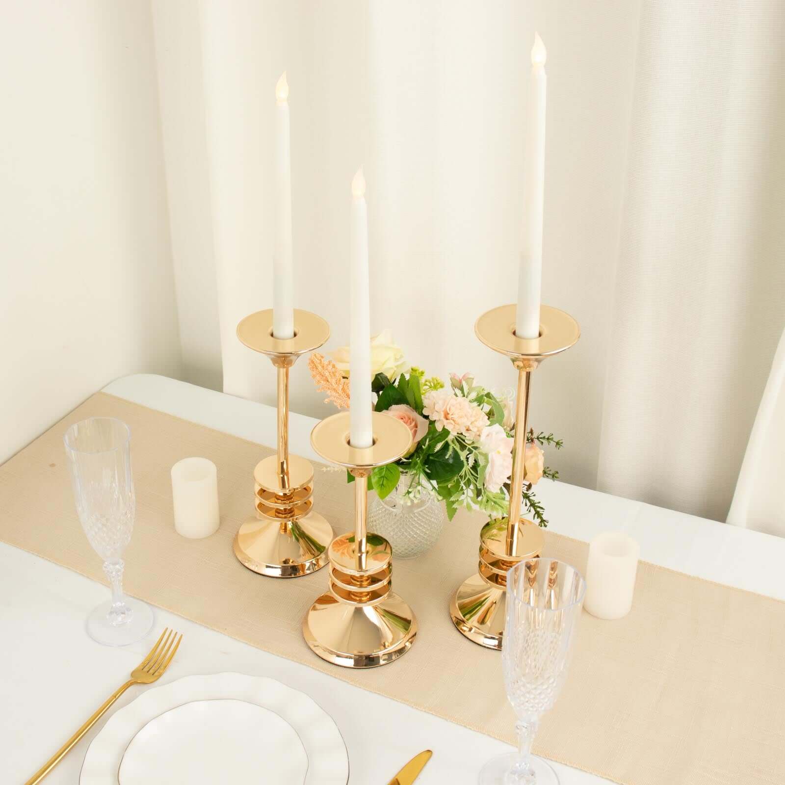 Set of 3 Gold Metal Taper Candlestick Holders 9", 11", 13" 3 Disk Pedestal - Stable Candle Stands - Image 4