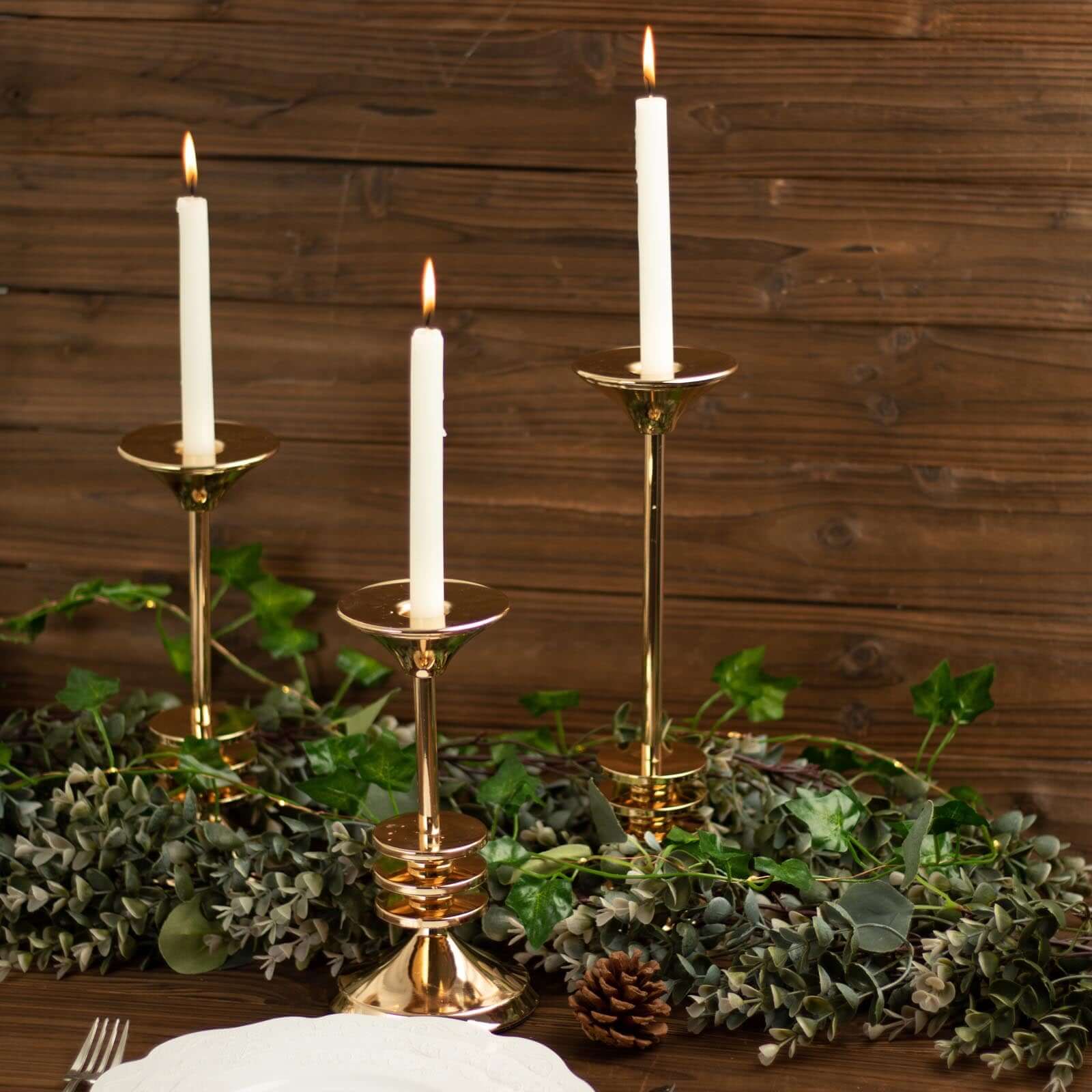 Set of 3 Gold Metal Taper Candlestick Holders 9", 11", 13" 3 Disk Pedestal - Stable Candle Stands - Image 5