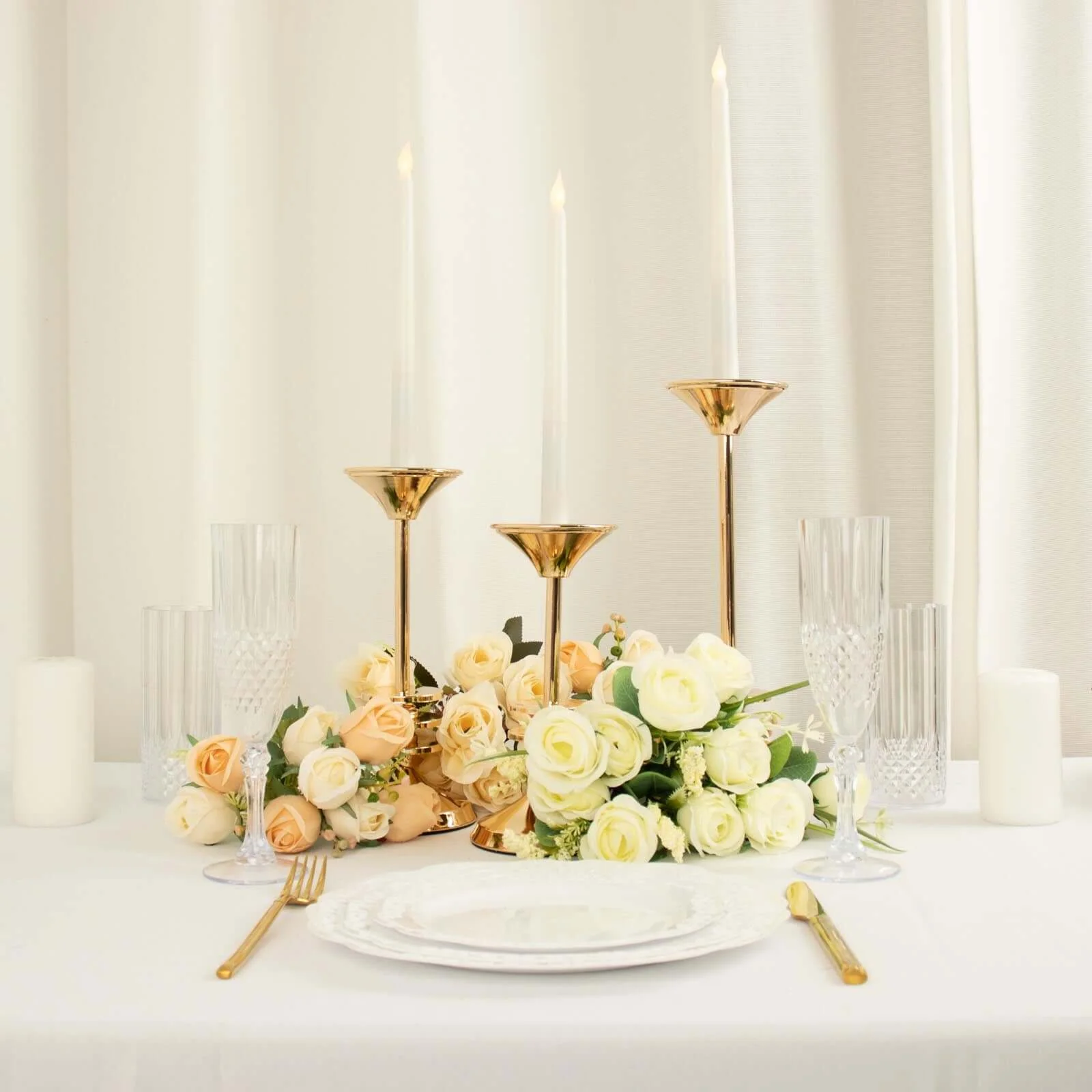 Set of 3 Gold Metal Taper Candlestick Holders 9", 11", 13" 3 Disk Pedestal - Stable Candle Stands - Image 6