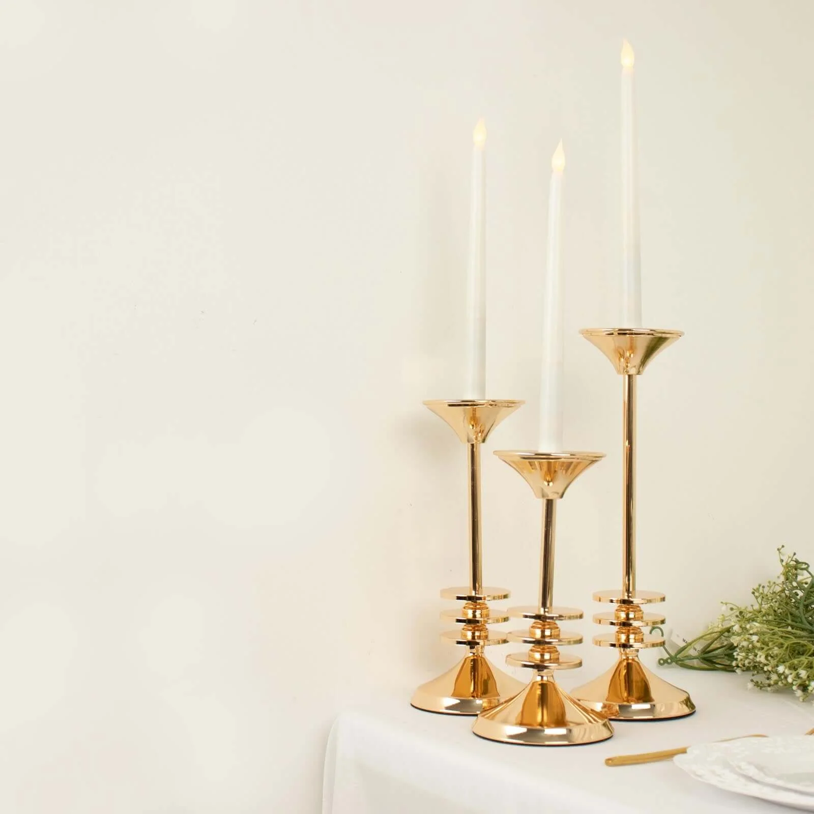 Set of 3 Gold Metal Taper Candlestick Holders 9", 11", 13" 3 Disk Pedestal - Stable Candle Stands - Image 8