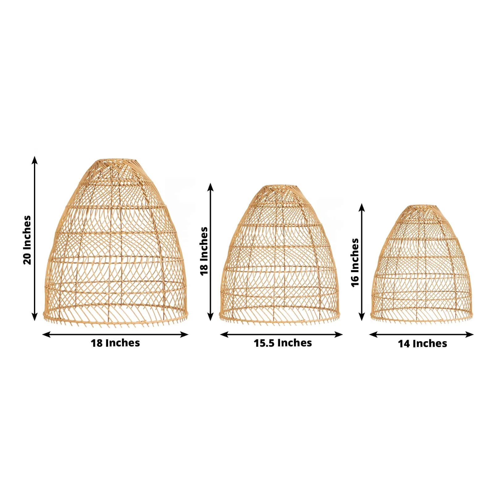Set of 3 Handwoven Rattan Pendant Light Shades – Boho Natural Cone Lampshade Covers – 16", 18", 20" Tall – Shades Only - Image 3