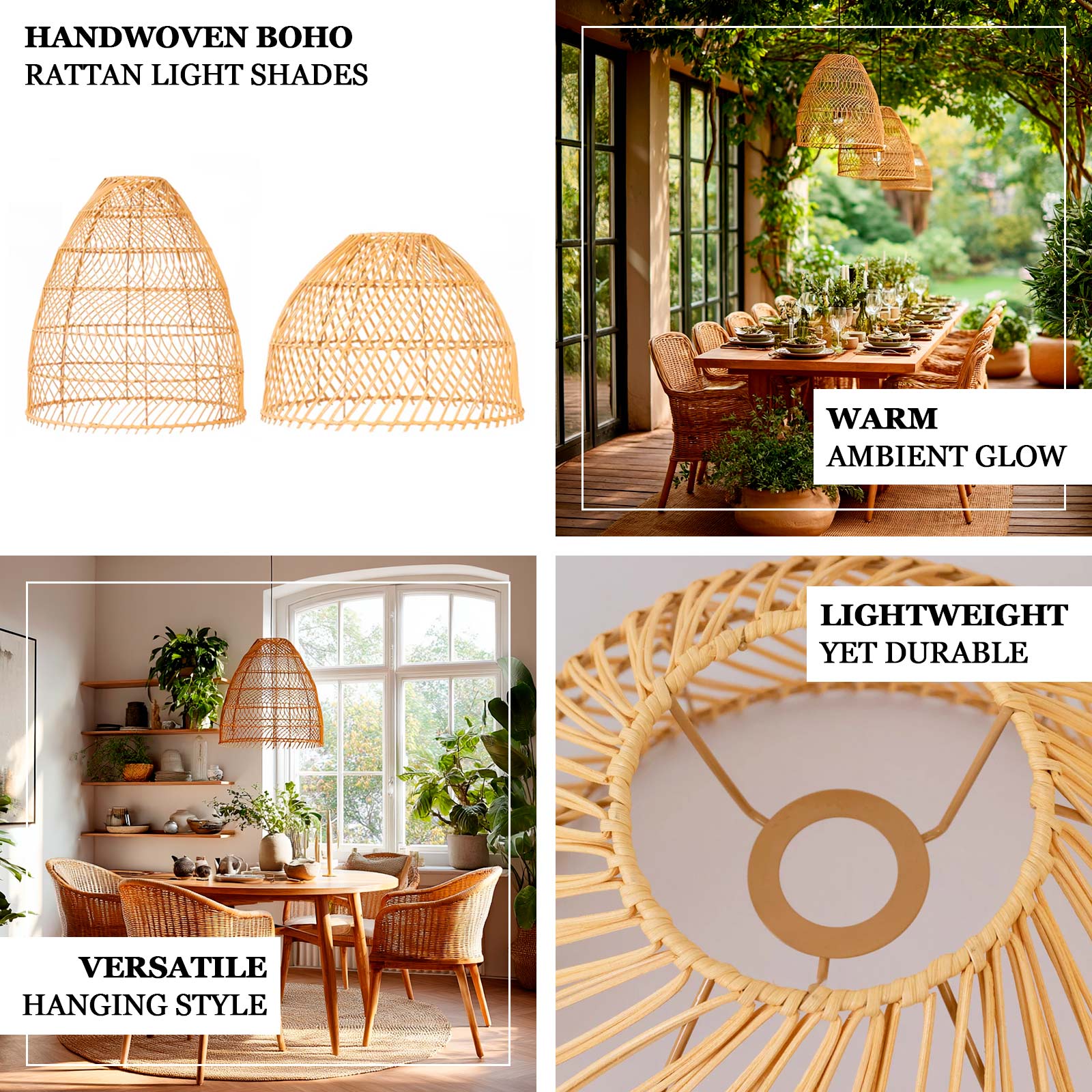 Set of 3 Handwoven Rattan Pendant Light Shades – Boho Natural Cone Lampshade Covers – 16", 18", 20" Tall – Shades Only - Image 4