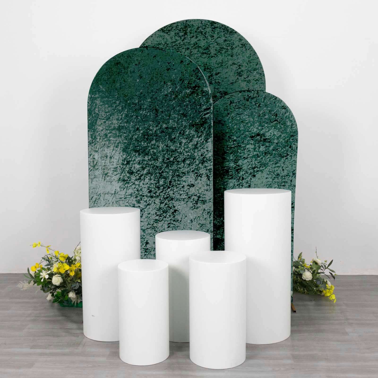 Set of 3 Hunter Emerald Green Crushed Velvet Chiara Wedding Arch Covers For Round Top Backdrop Stands 5ft, 6ft, 7ft - Image 2