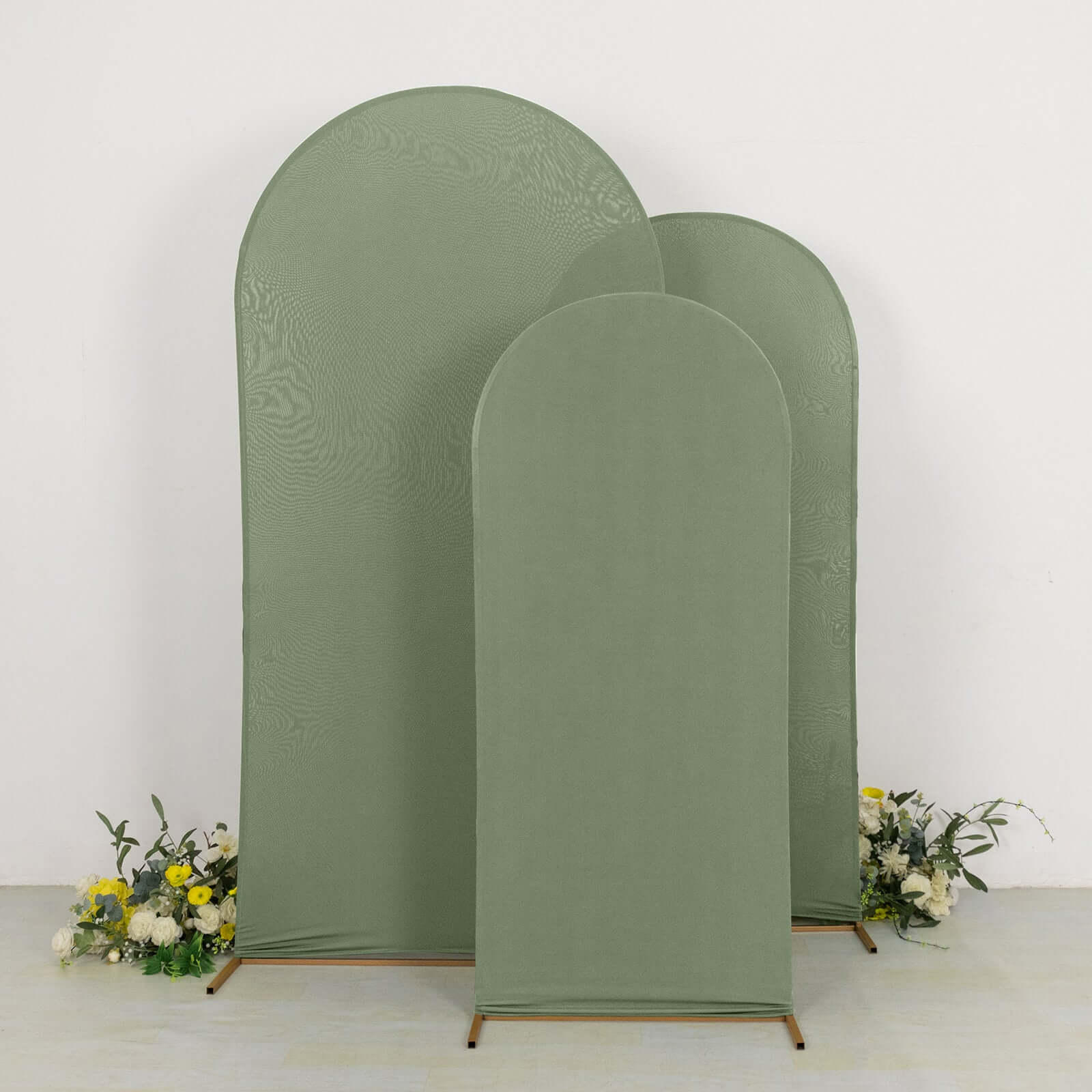 Set of 3 Matte Dusty Sage Green Spandex Fitted Wedding Arch Covers For Round Top Chiara Backdrop Stands 5ft, 6ft, 7ft