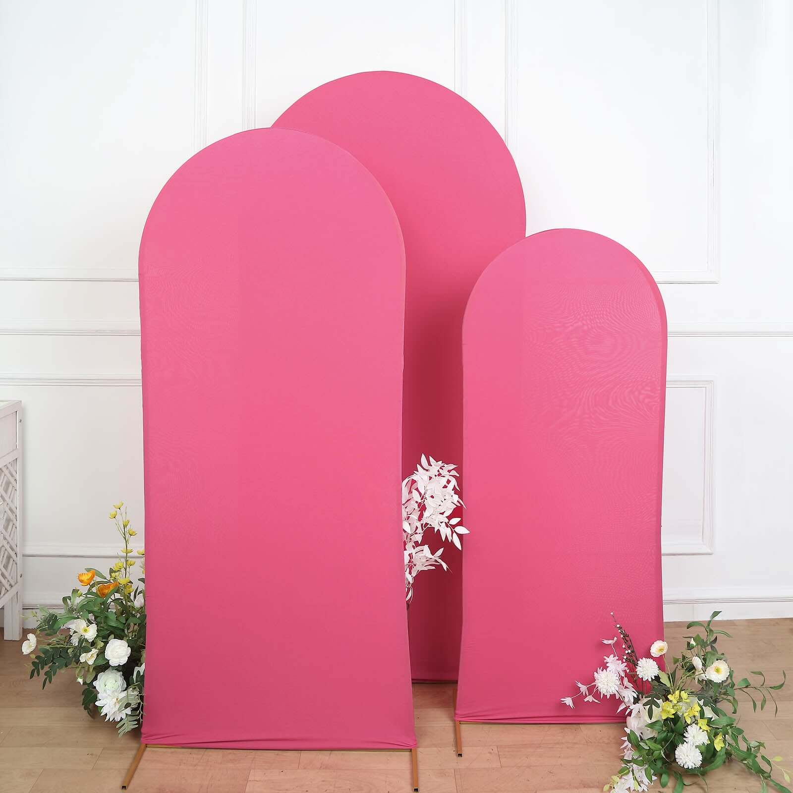 Set of 3 Matte Fuchsia Spandex Fitted Wedding Arch Covers For Round Top Chiara Backdrop Stands 5ft, 6ft, 7ft - Image 7