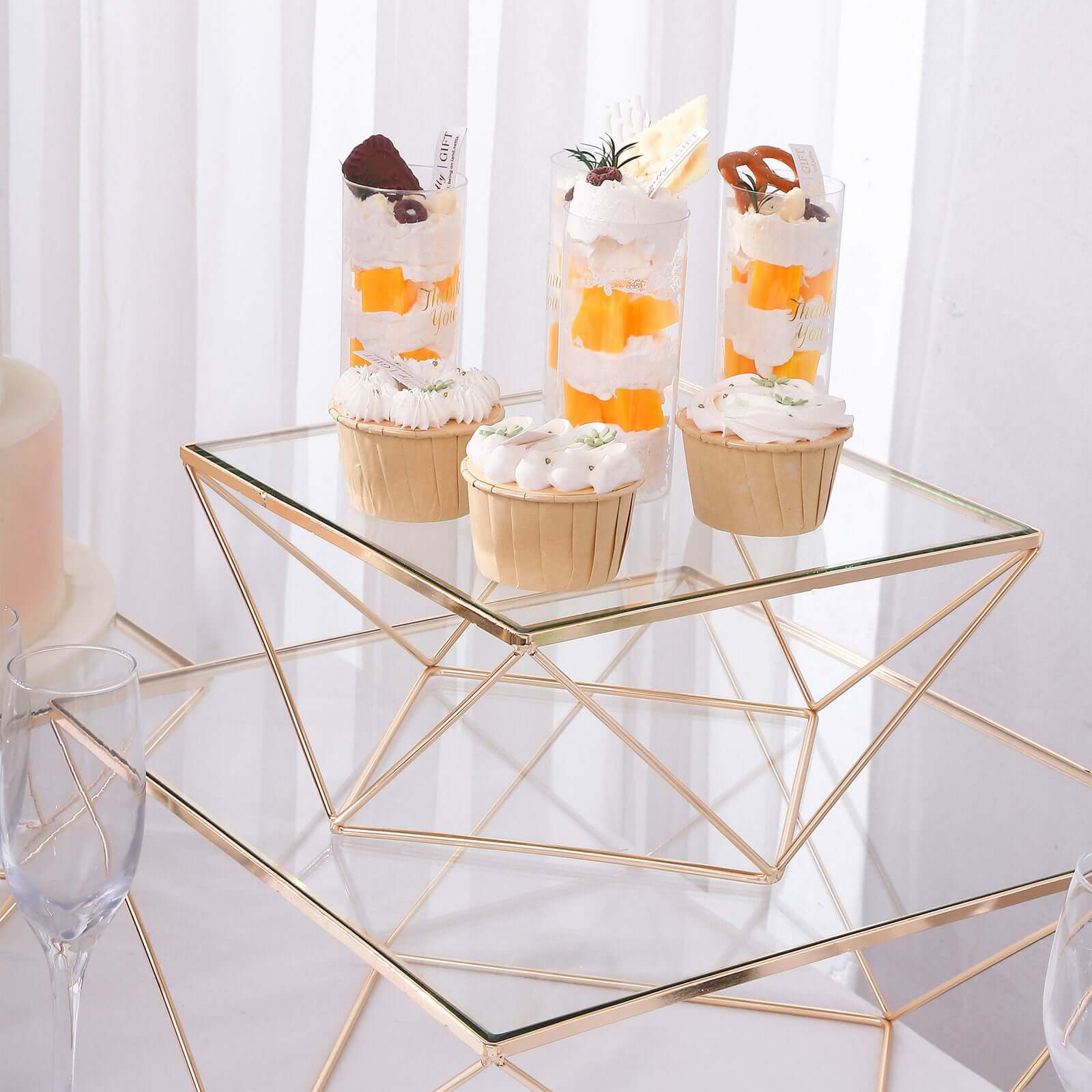 Set of 3 Metal Cake Dessert Stands Geometric Stackable Design Gold with Square Glass Top - Pedestal Display Centerpieces - Image 2