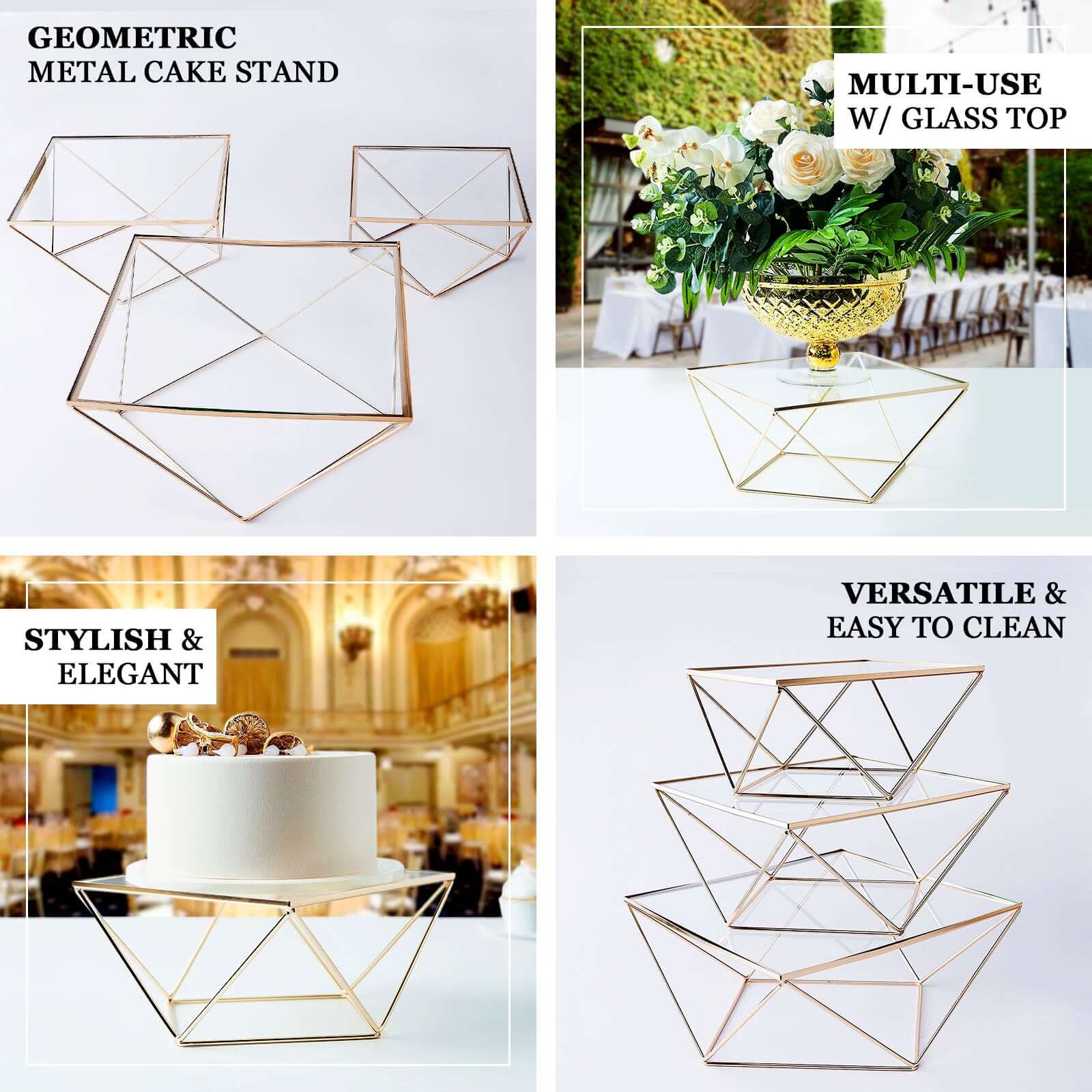 Set of 3 Metal Cake Dessert Stands Geometric Stackable Design Gold with Square Glass Top - Pedestal Display Centerpieces - Image 4