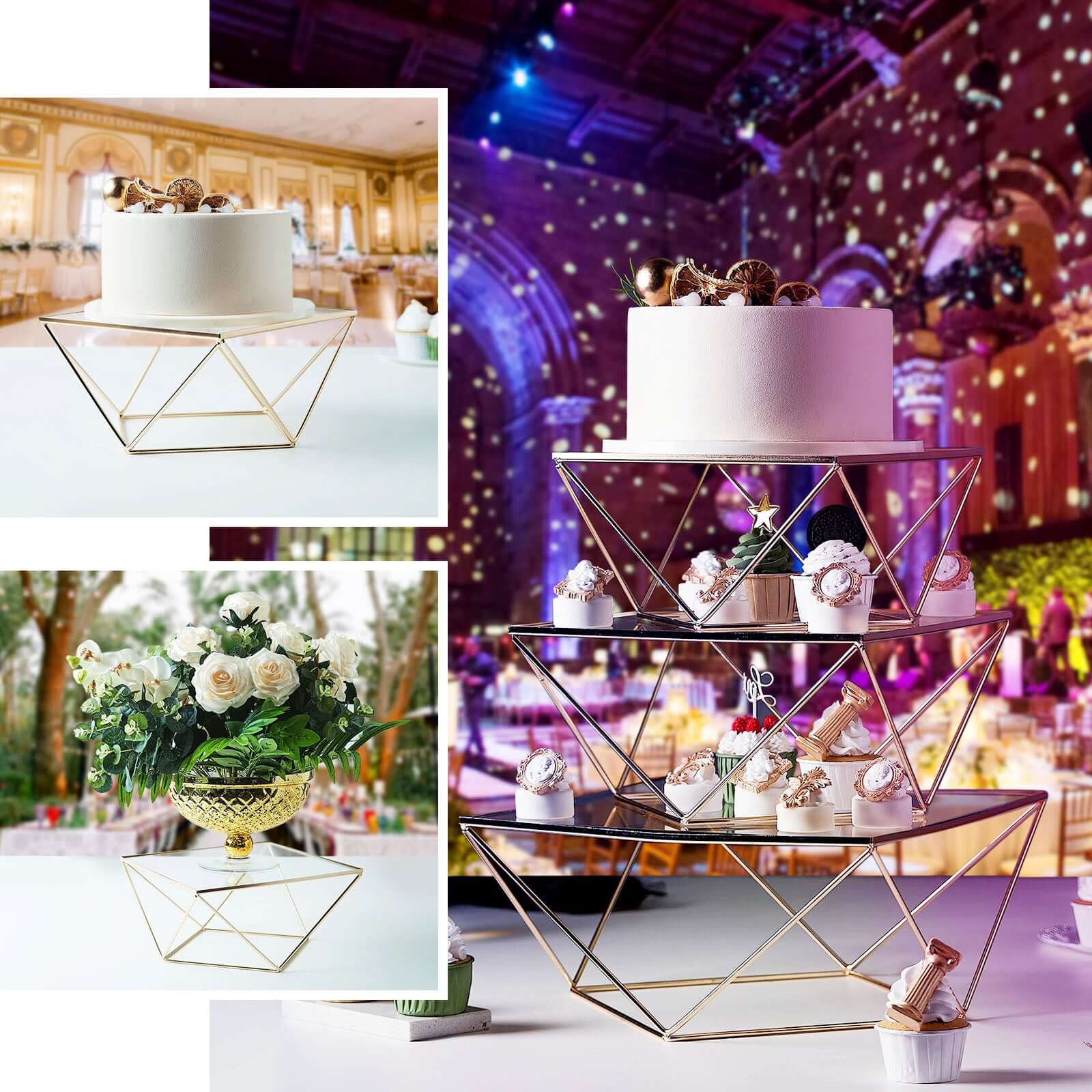 Set of 3 Metal Cake Dessert Stands Geometric Stackable Design Gold with Square Glass Top - Pedestal Display Centerpieces - Image 5