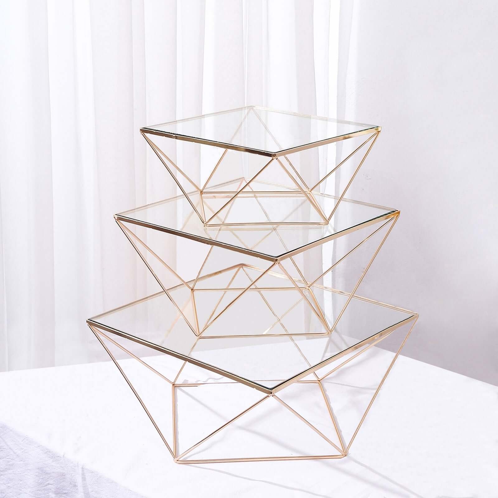 Set of 3 Metal Cake Dessert Stands Geometric Stackable Design Gold with Square Glass Top - Pedestal Display Centerpieces - Image 6