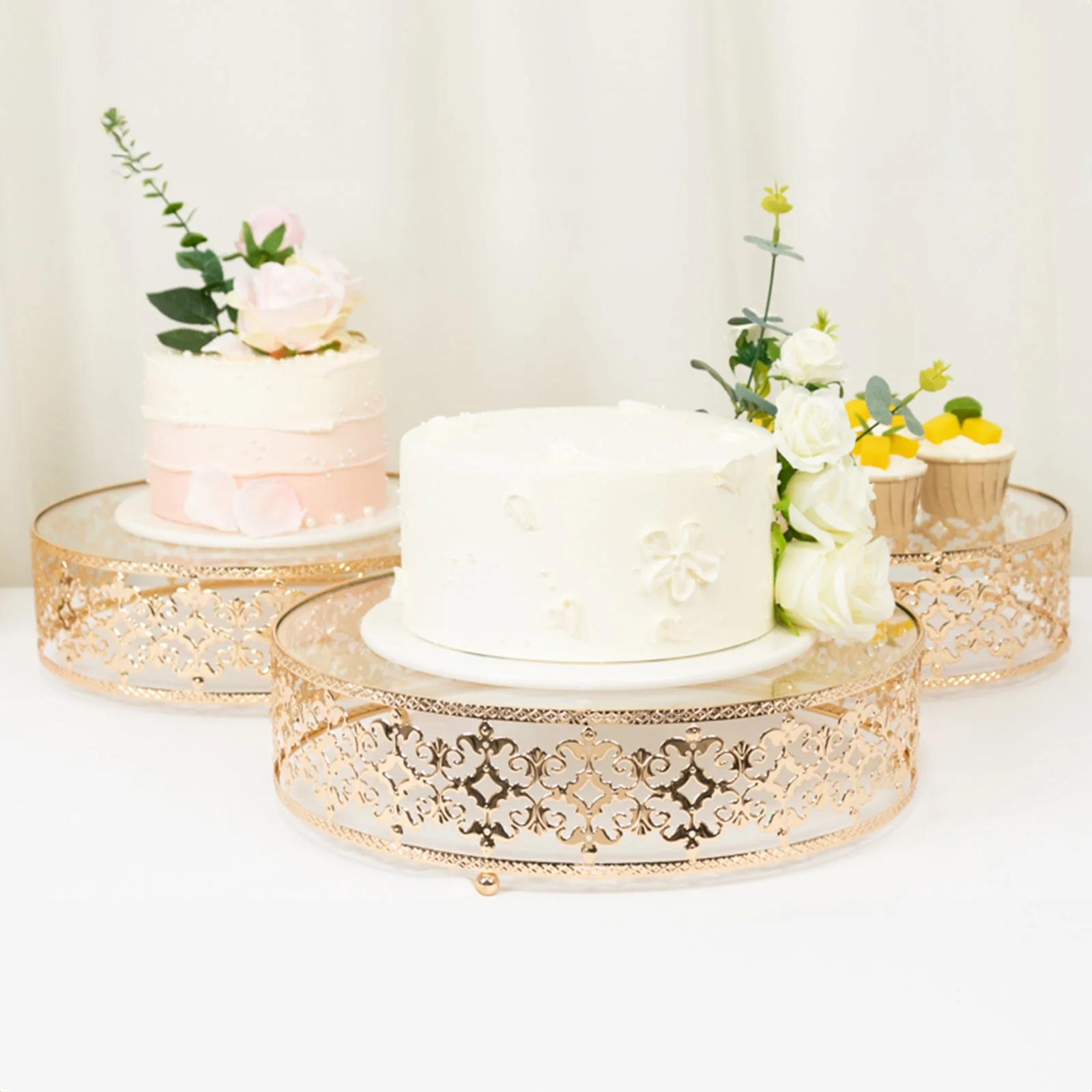 Set of 3 Metal Cake Stands 10", 12", 14" Baroque Ornate Design with Glass Top Gold - Stackable Dessert Display Trays - Image 5