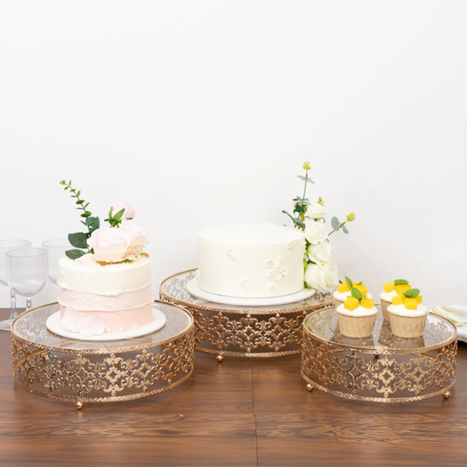 Set of 3 Metal Cake Stands 10", 12", 14" Baroque Ornate Design with Glass Top Gold - Stackable Dessert Display Trays - Image 6