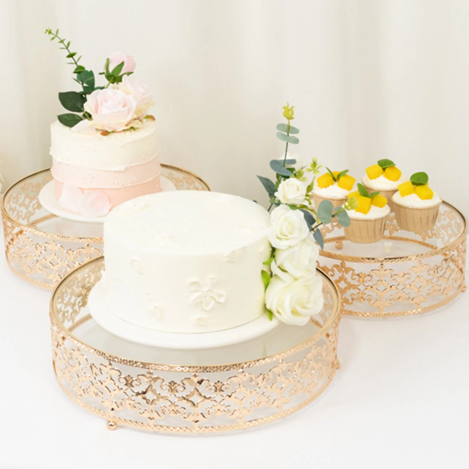 Set of 3 Metal Cake Stands 10", 12", 14" Baroque Ornate Design with Glass Top Gold - Stackable Dessert Display Trays - Image 7