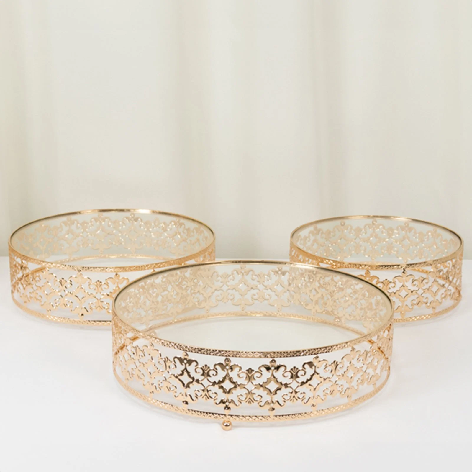 Set of 3 Metal Cake Stands 10", 12", 14" Baroque Ornate Design with Glass Top Gold - Stackable Dessert Display Trays - Image 8