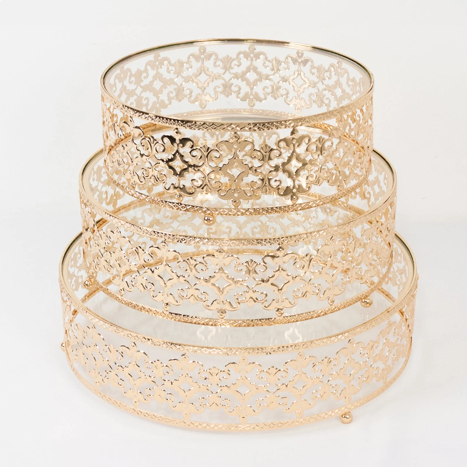 Set of 3 Metal Cake Stands 10", 12", 14" Baroque Ornate Design with Glass Top Gold - Stackable Dessert Display Trays - Image 9