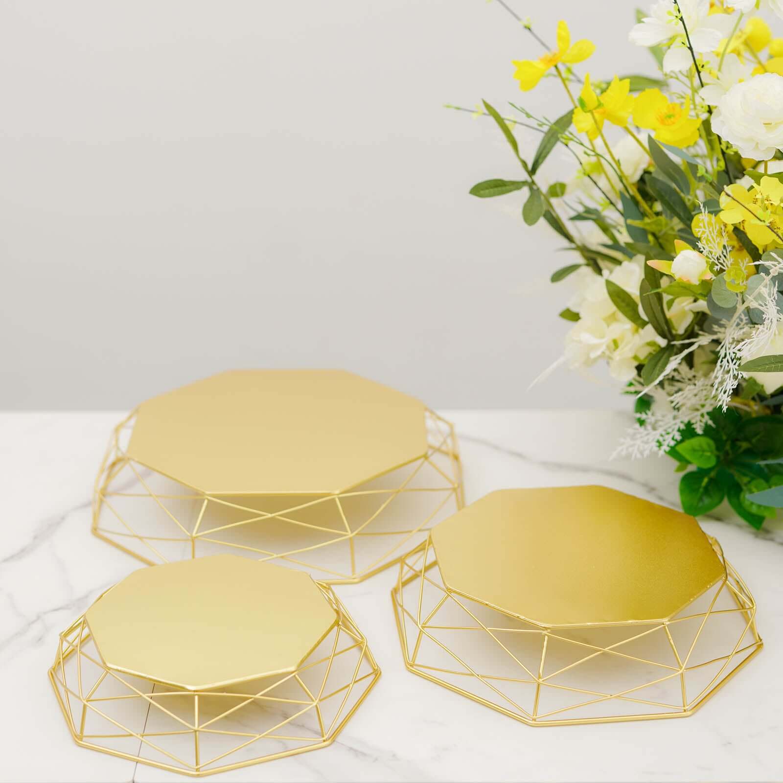 Set of 3 Metal Cake Stands 7", 9", 11" Geometric Reversible Octagon Design Gold - Dessert Display Baskets - Image 2