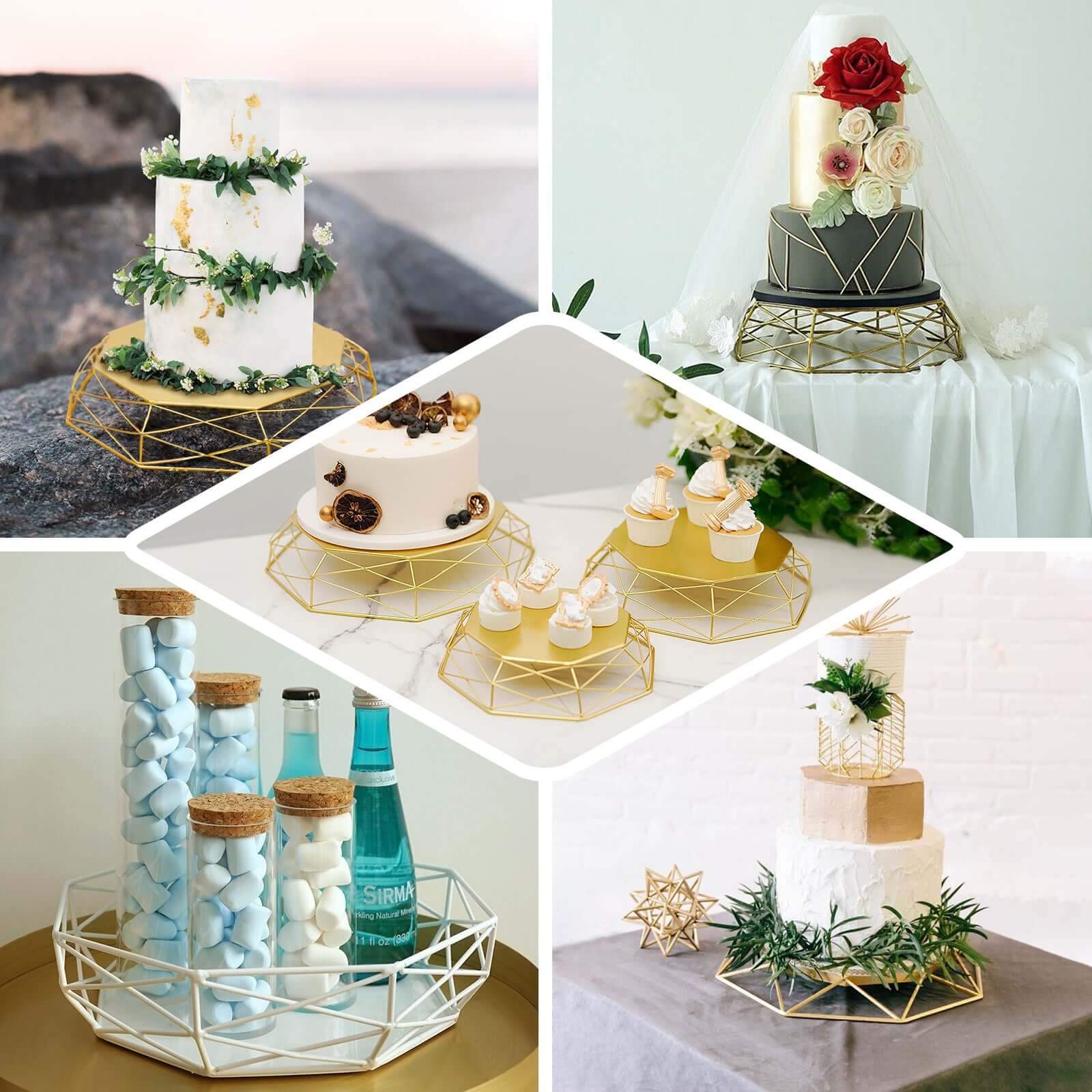 Set of 3 Metal Cake Stands 7", 9", 11" Geometric Reversible Octagon Design Gold - Dessert Display Baskets - Image 5