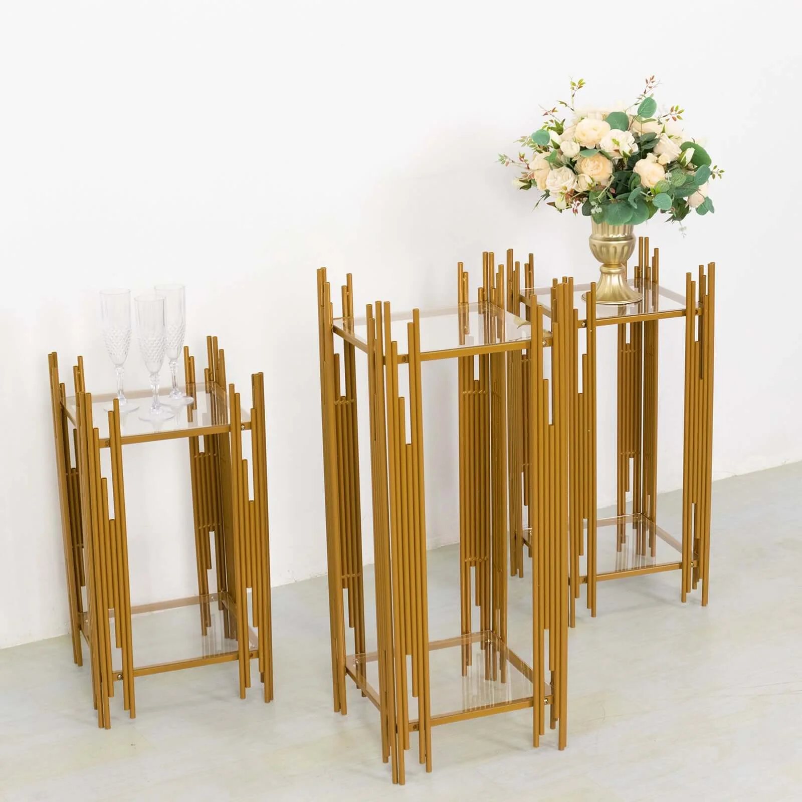 Set of 3 Metal Plinth Stands 26",30",34" Gold Square Acrylic Plates - Wedding Cake Table or Flower Display - Image 7