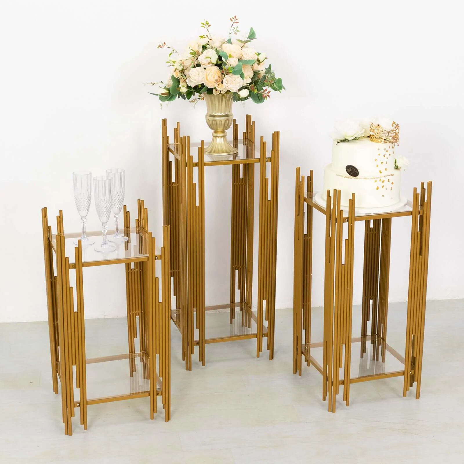Set of 3 Metal Plinth Stands 26",30",34" Gold Square Acrylic Plates - Wedding Cake Table or Flower Display - Image 8