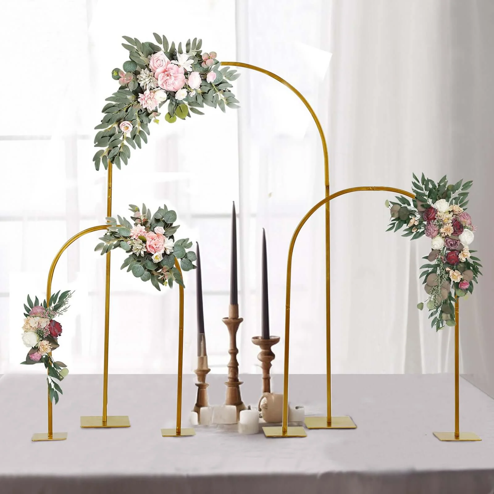 Set of 3 Metal Wedding Cake Chiara Arch Table Centerpieces Gold 20", 23", 35" - Flower Stand Frame with Detachable Base - Image 5