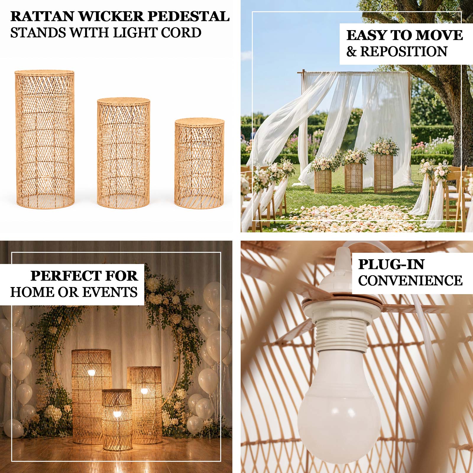 Set of 3 Natural Woven Rattan Wicker Floor Lamp Shades with Wave Patterns, Rustic Farmhouse Cylinder Pedestal Display Stands With Plug In Light Cord - 19",27",33" - Image 3