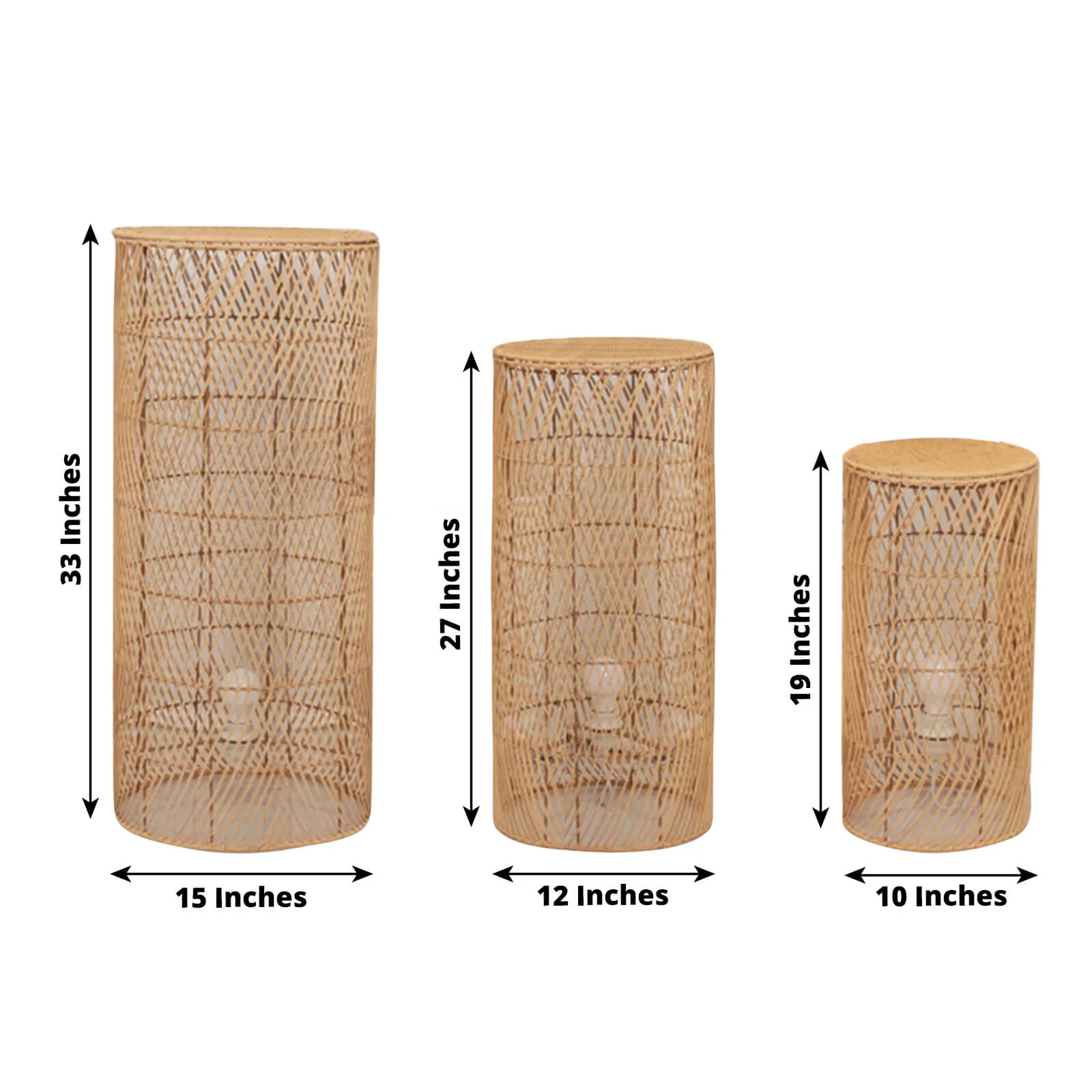 Set of 3 Natural Woven Rattan Wicker Floor Lamp Shades with Wave Patterns, Rustic Farmhouse Cylinder Pedestal Display Stands With Plug In Light Cord - 19",27",33" - Image 7