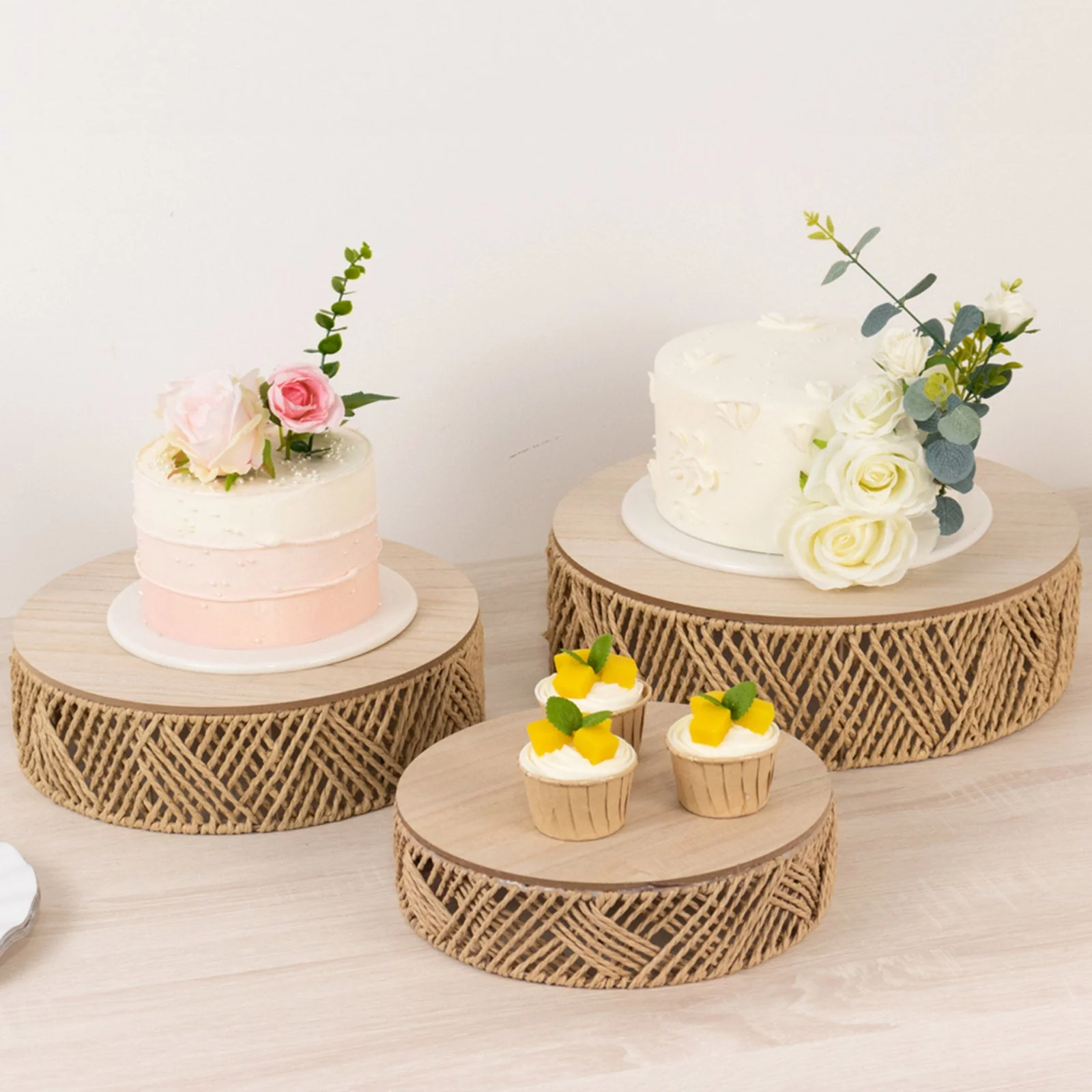 Set of 3 Pedestal Cake Stands 10", 12", 14" Jute Rattan with Wooden Top Plates Natural - Stackable Round Rustic Farmhouse Design