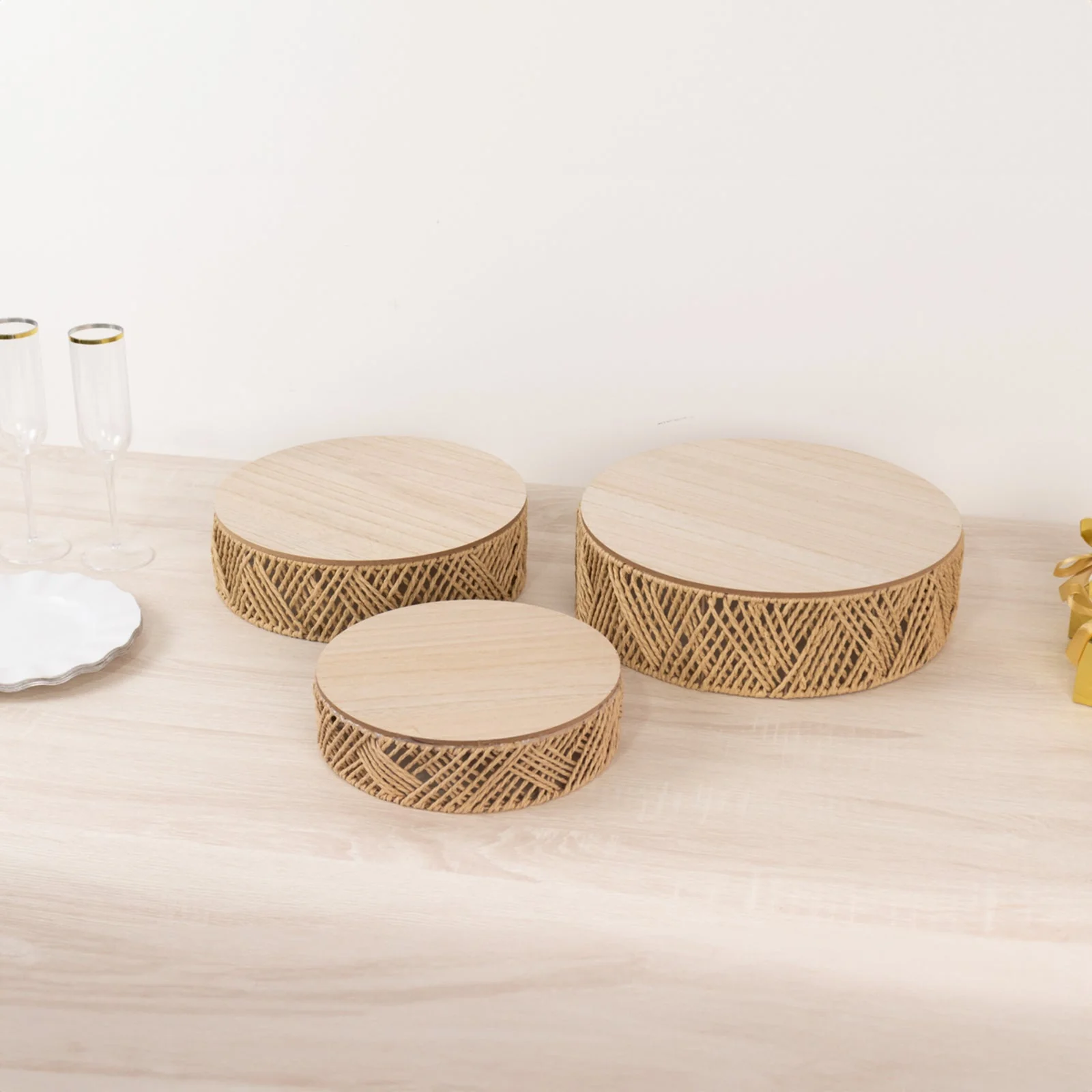 Set of 3 Pedestal Cake Stands 10", 12", 14" Jute Rattan with Wooden Top Plates Natural - Stackable Round Rustic Farmhouse Design - Image 4
