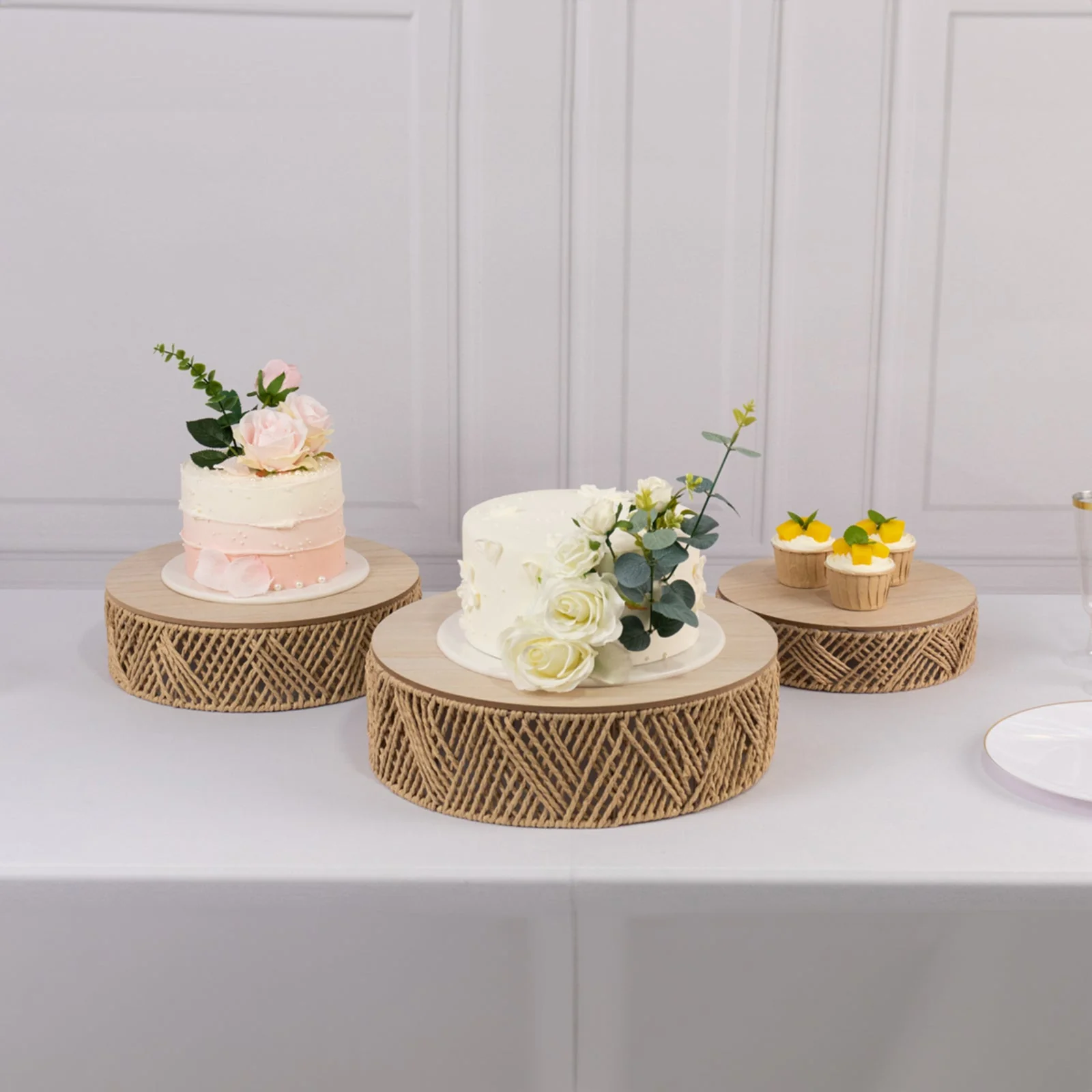 Set of 3 Pedestal Cake Stands 10", 12", 14" Jute Rattan with Wooden Top Plates Natural - Stackable Round Rustic Farmhouse Design - Image 5