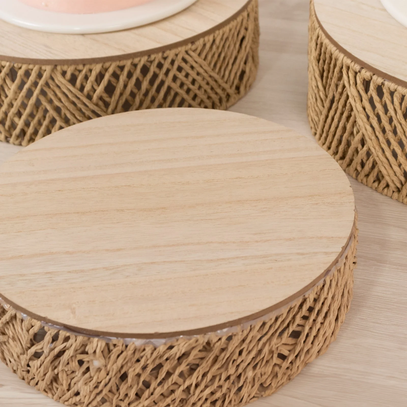 Set of 3 Pedestal Cake Stands 10", 12", 14" Jute Rattan with Wooden Top Plates Natural - Stackable Round Rustic Farmhouse Design - Image 8