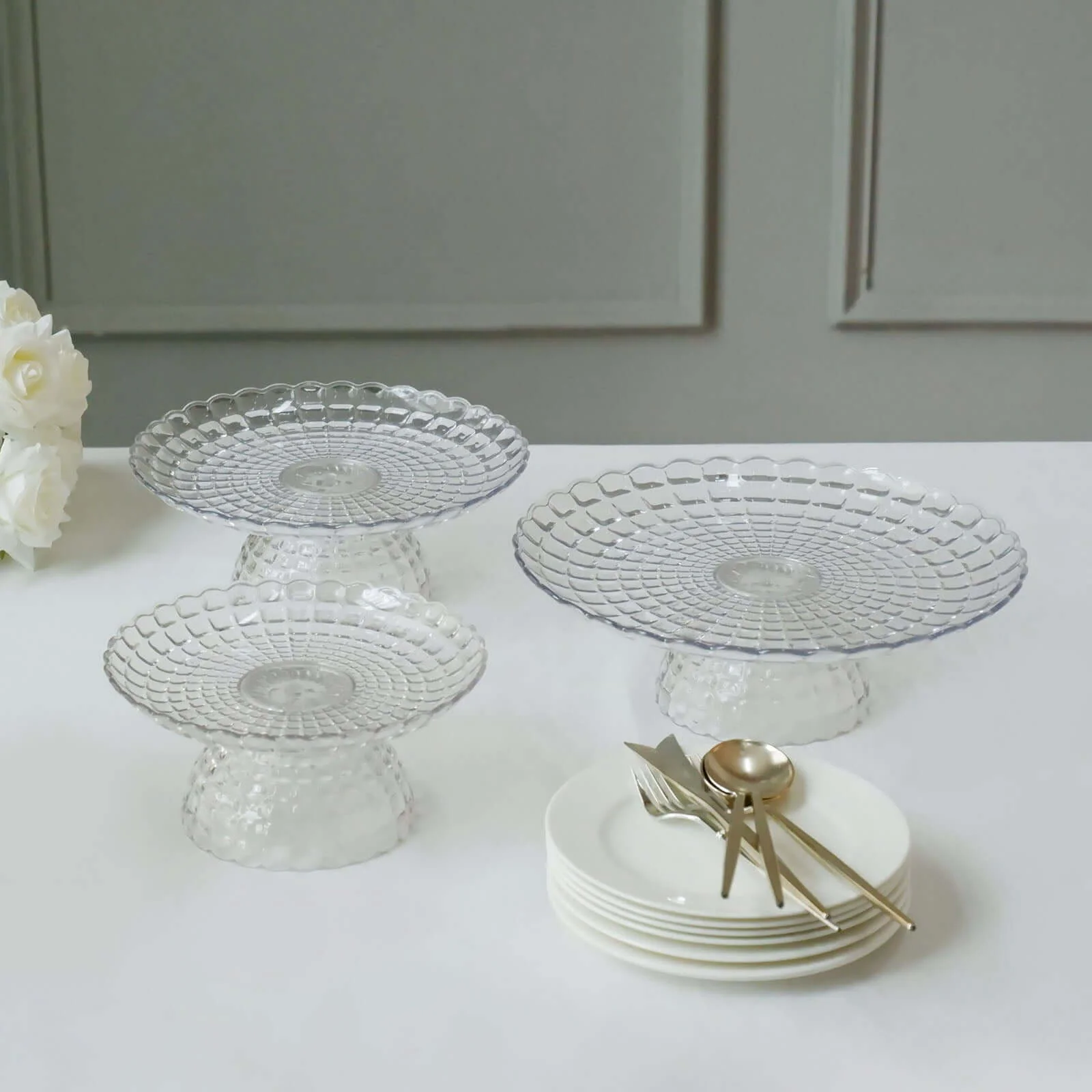 Set of 3 Plastic Cupcake Stands 8", 10", 12" Clear Pressed Glass Pattern with Scalloped Edges - Contemporary Versatile & Stackable Cake Dessert Pedestal Display Risers - Image 4