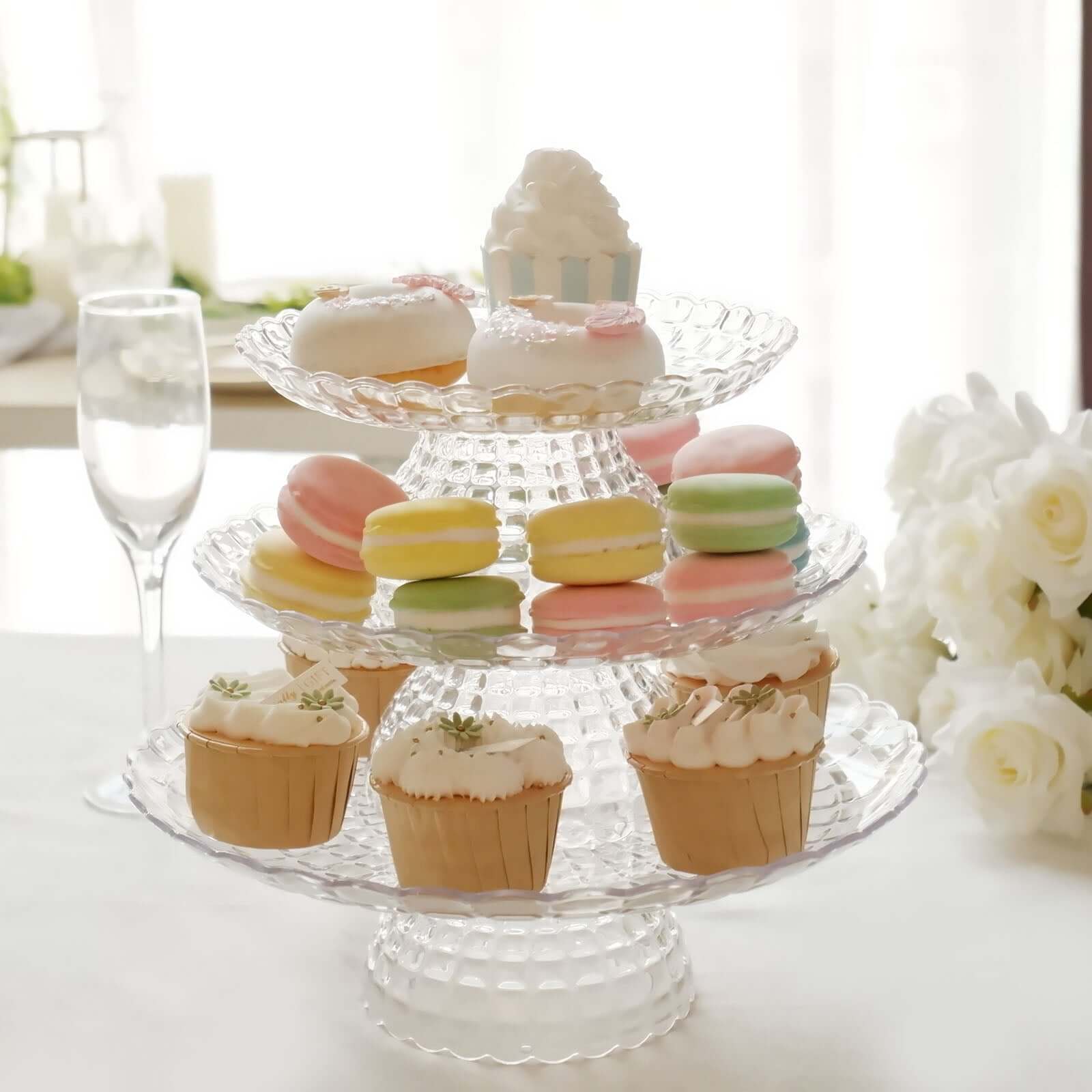 Set of 3 Plastic Cupcake Stands 8", 10", 12" Clear Pressed Glass Pattern with Scalloped Edges - Contemporary Versatile & Stackable Cake Dessert Pedestal Display Risers - Image 7