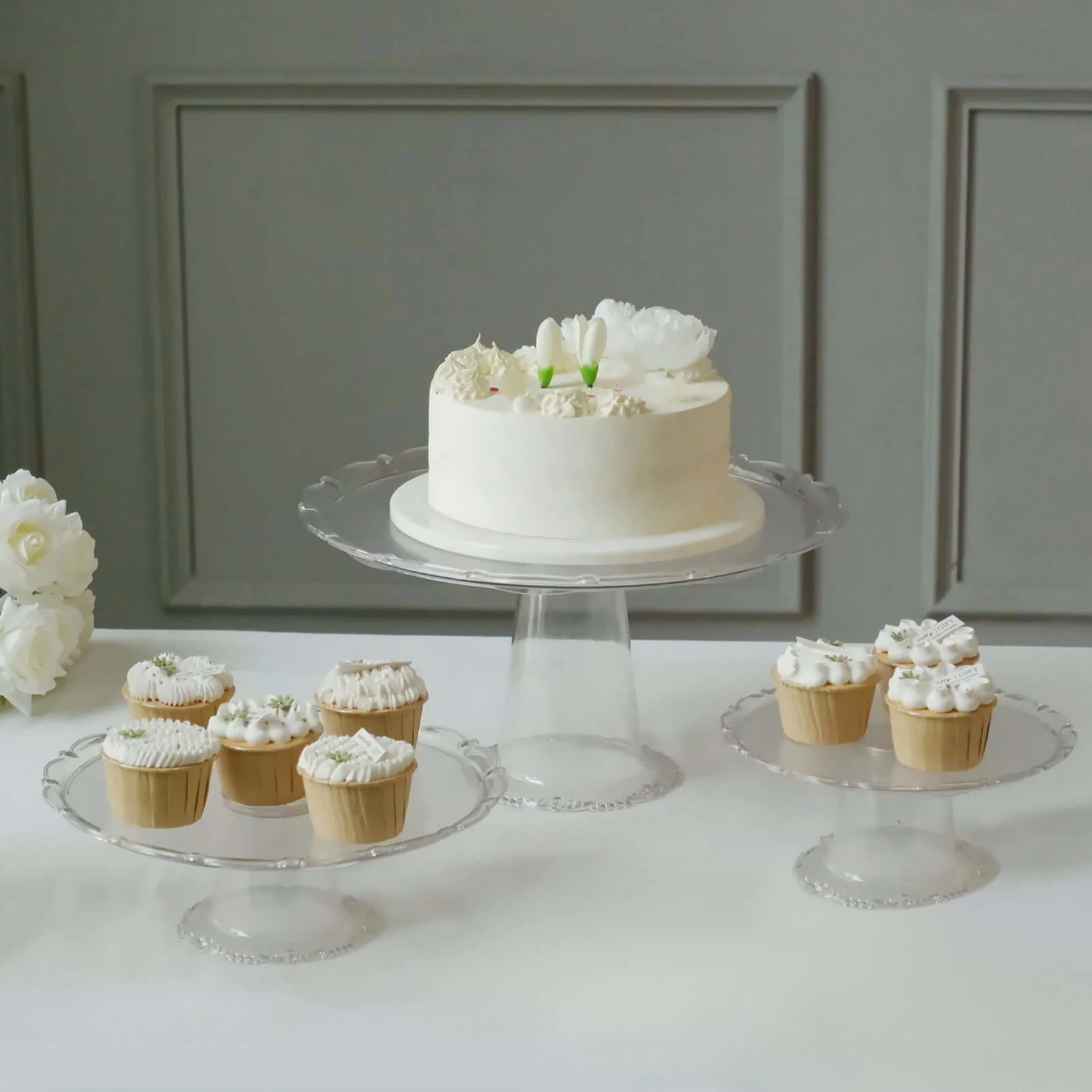 Set of 3 Plastic Round Pedestal Cake Stands 9", 11", 15" Clear with Scalloped Edges - Stackable Cupcake Dessert Holder Risers for Wedding Buffet & Catering Displays