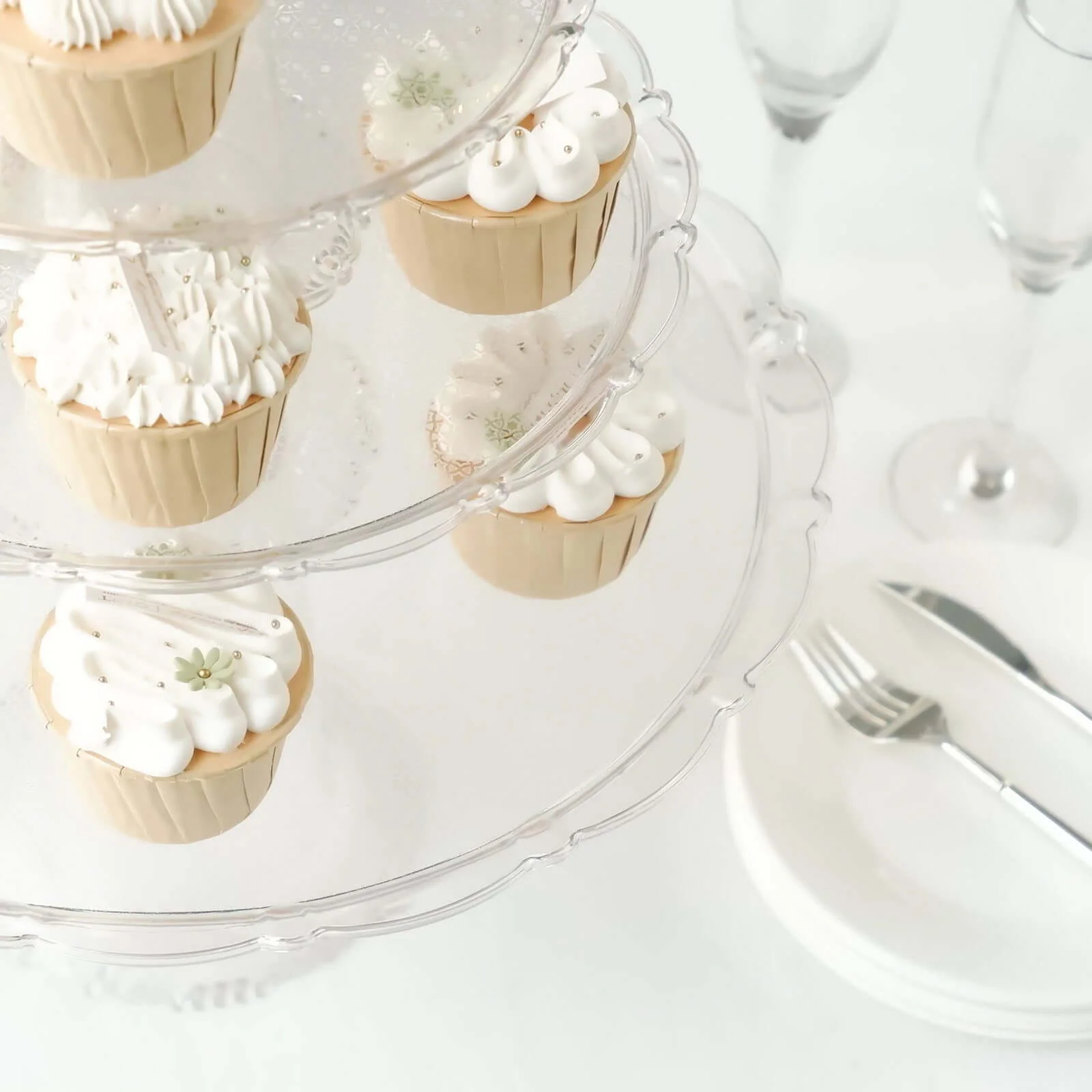 Set of 3 Plastic Round Pedestal Cake Stands 9", 11", 15" Clear with Scalloped Edges - Stackable Cupcake Dessert Holder Risers for Wedding Buffet & Catering Displays - Image 11