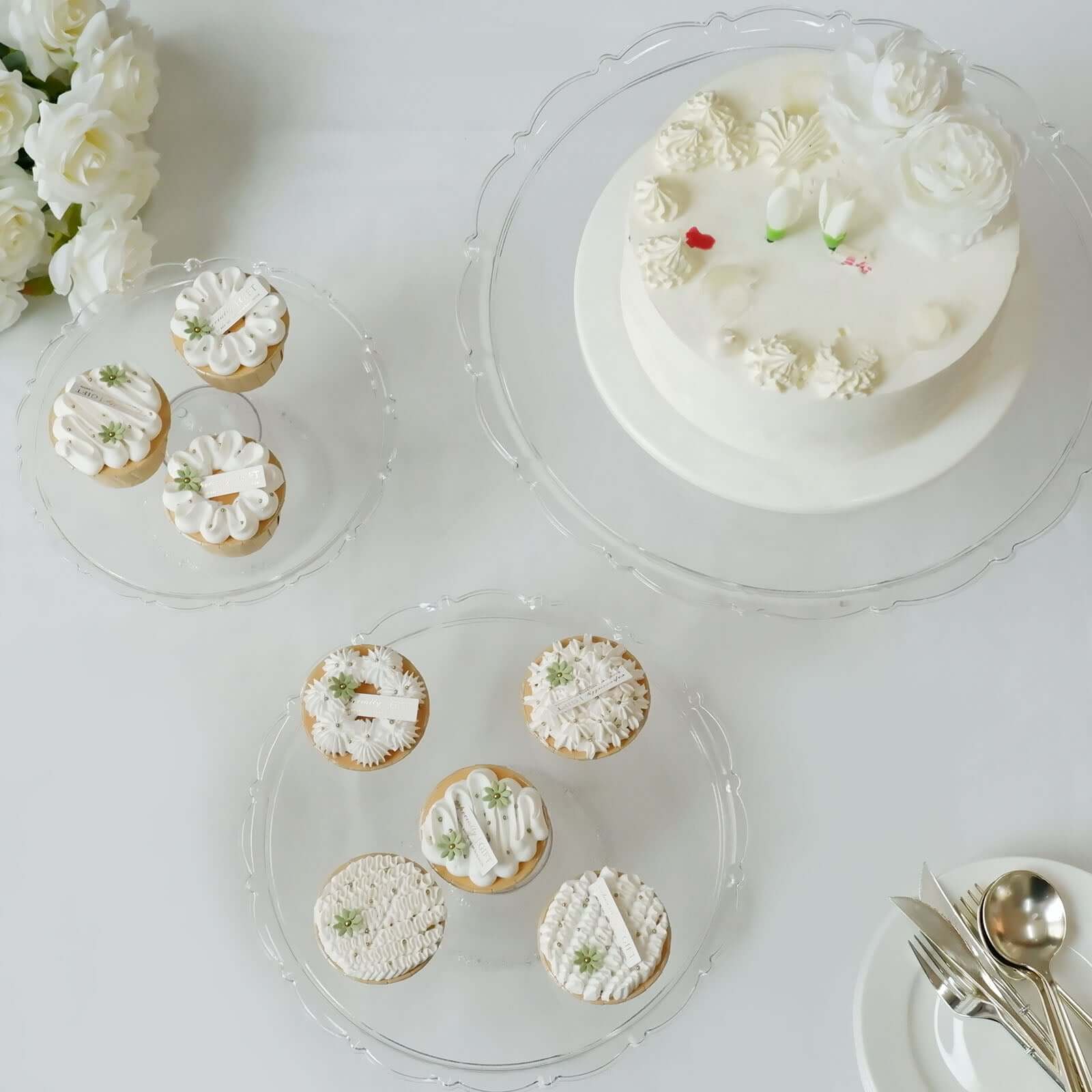 Set of 3 Plastic Round Pedestal Cake Stands 9", 11", 15" Clear with Scalloped Edges - Stackable Cupcake Dessert Holder Risers for Wedding Buffet & Catering Displays - Image 12