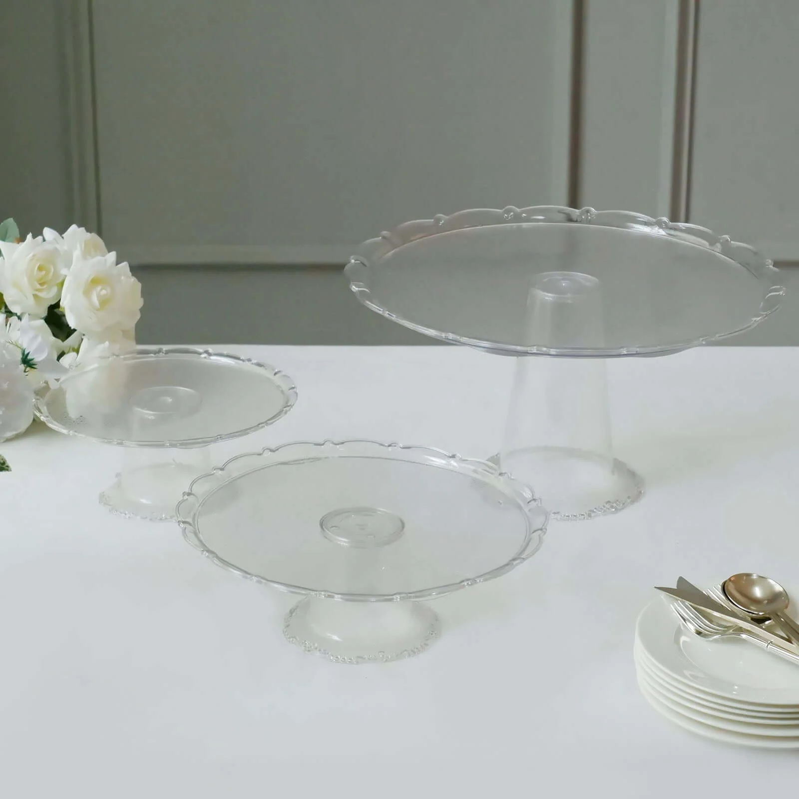 Set of 3 Plastic Round Pedestal Cake Stands 9", 11", 15" Clear with Scalloped Edges - Stackable Cupcake Dessert Holder Risers for Wedding Buffet & Catering Displays - Image 2