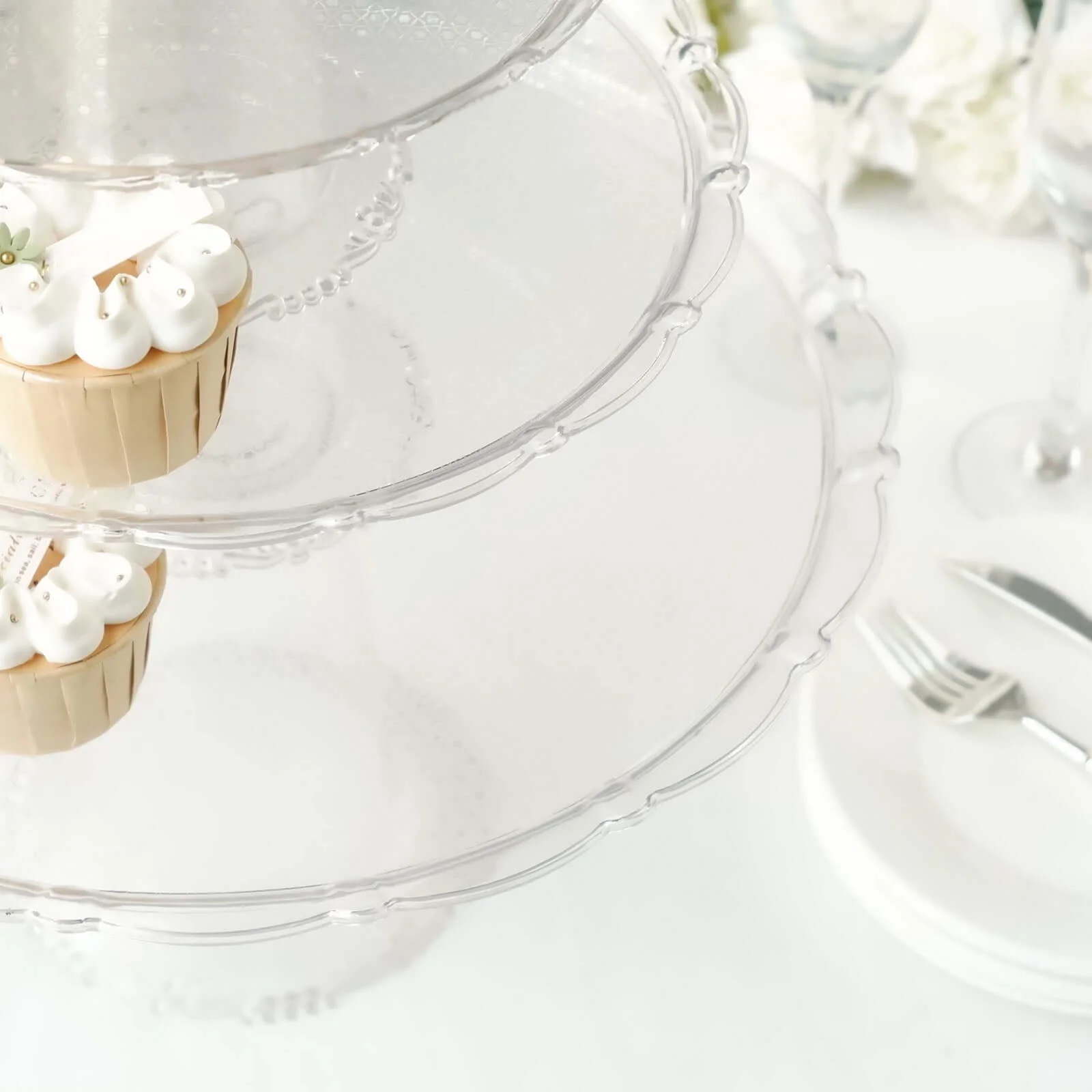 Set of 3 Plastic Round Pedestal Cake Stands 9", 11", 15" Clear with Scalloped Edges - Stackable Cupcake Dessert Holder Risers for Wedding Buffet & Catering Displays - Image 4